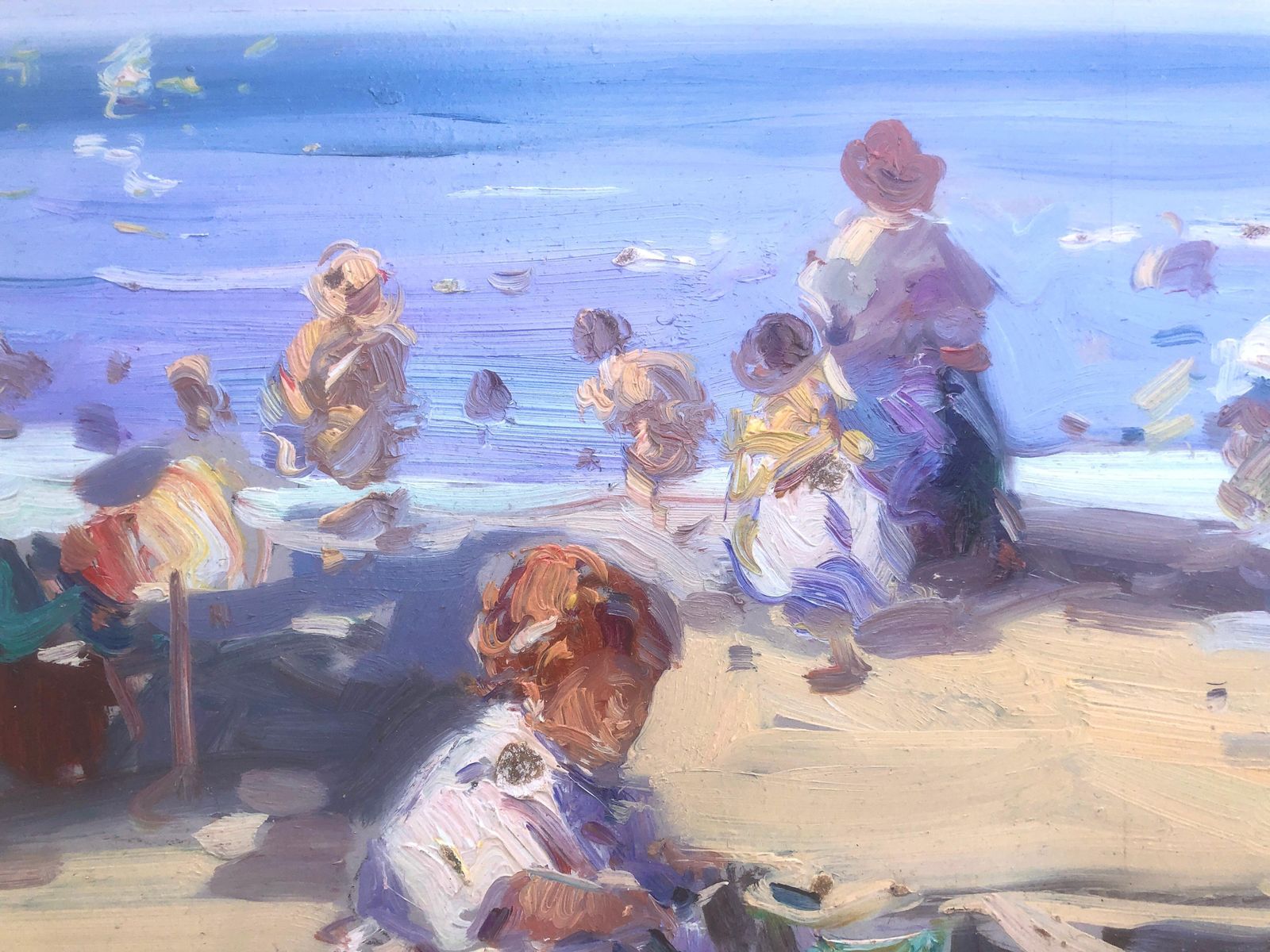Gabriel Casarrubios – Mediterraan strandtafereel met kinderen en parasols, impressionistisch olieverfschilderij, ca. 2000 photo Kunst