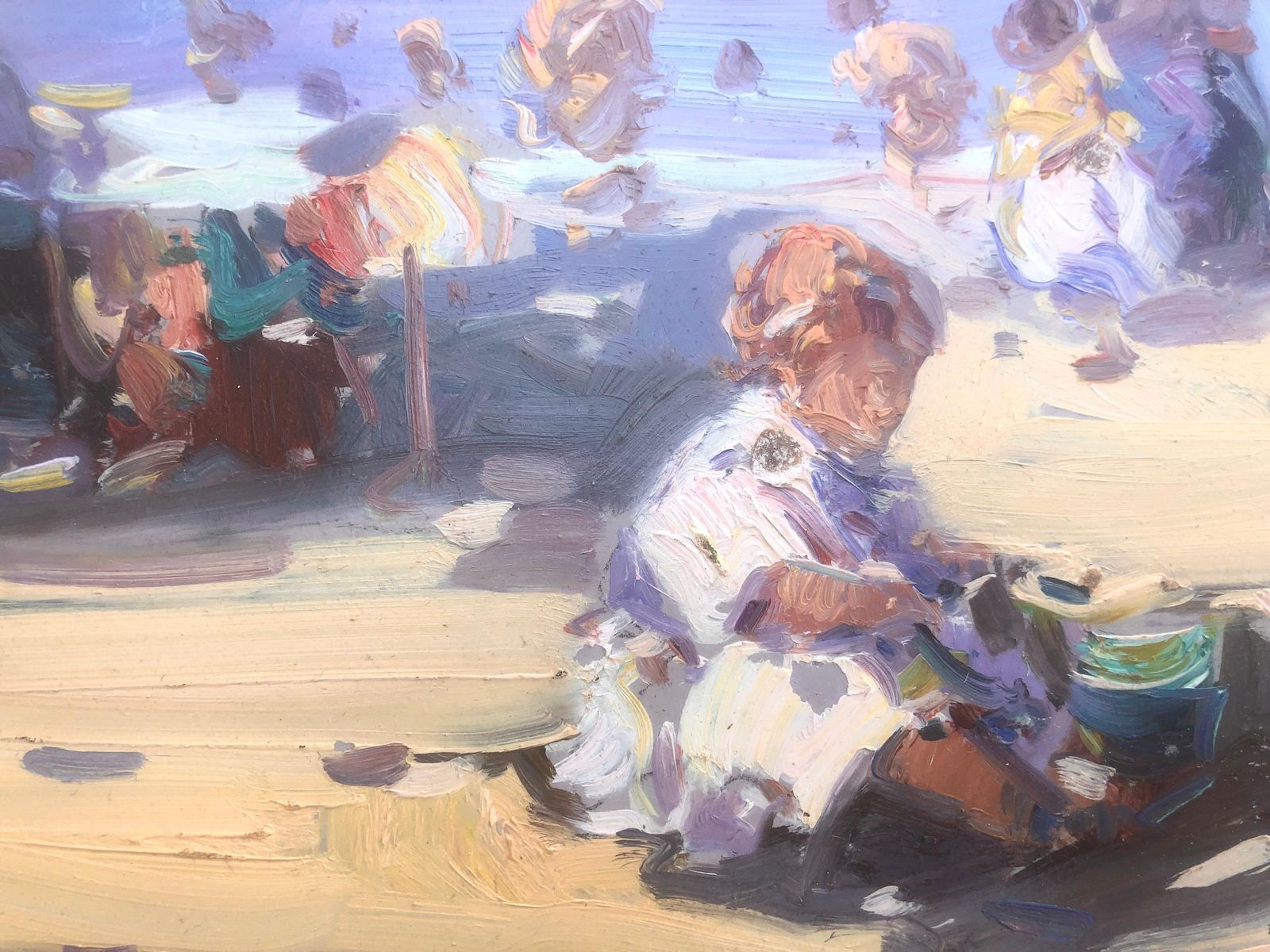 Gabriel Casarrubios – Mediterraan strandtafereel met kinderen en parasols, impressionistisch olieverfschilderij, ca. 2000 photo buy