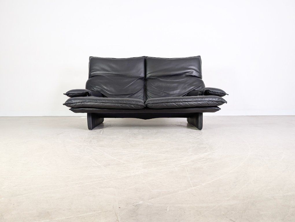 Vintage Italian 3 Seater Sofa, Design Couch, Black Leather, 1980s photo for sale