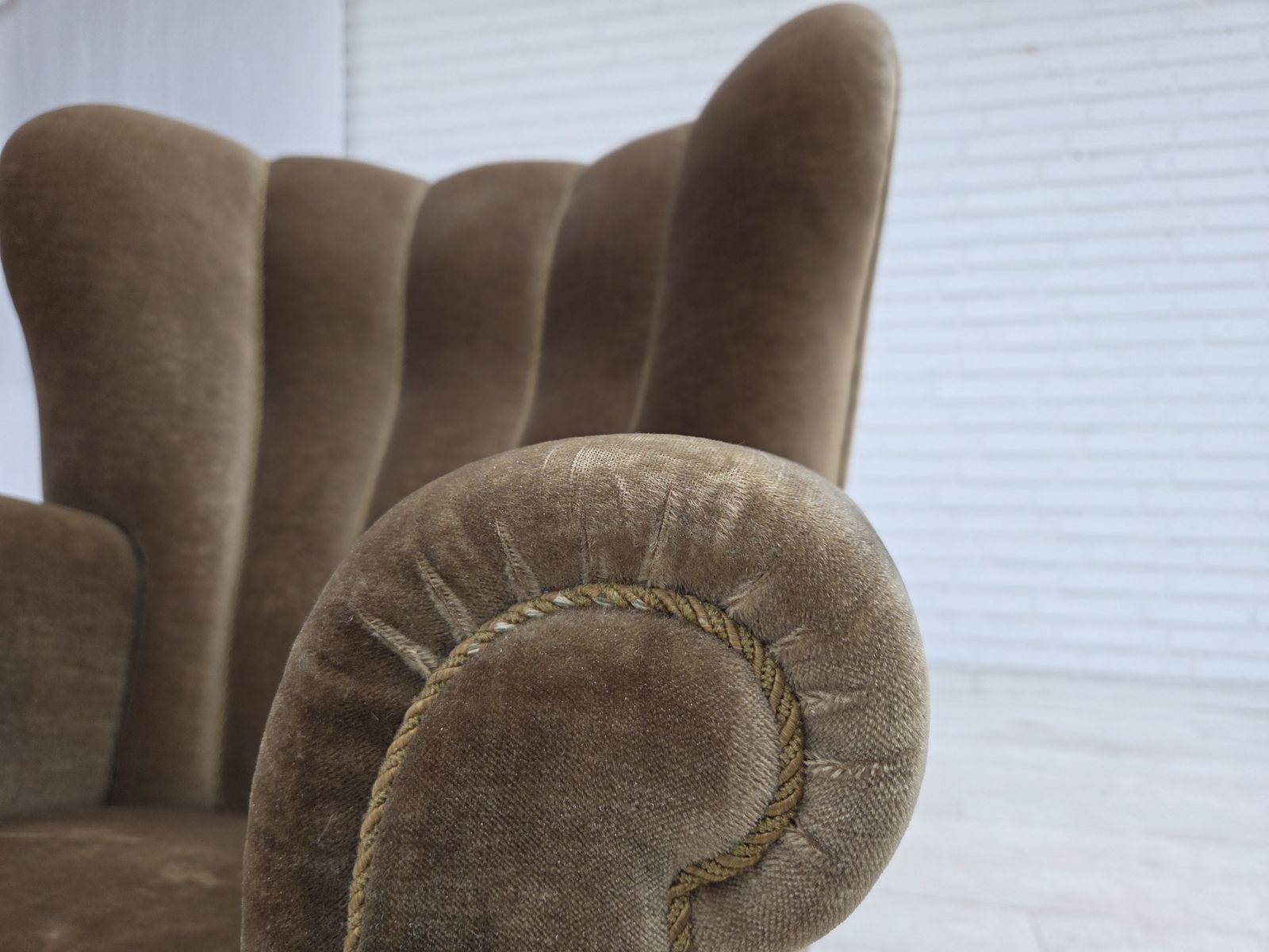 1960s, Danish Relax Armchair, Dark Green Furniture Velour, Ash Wood. photo Furniture