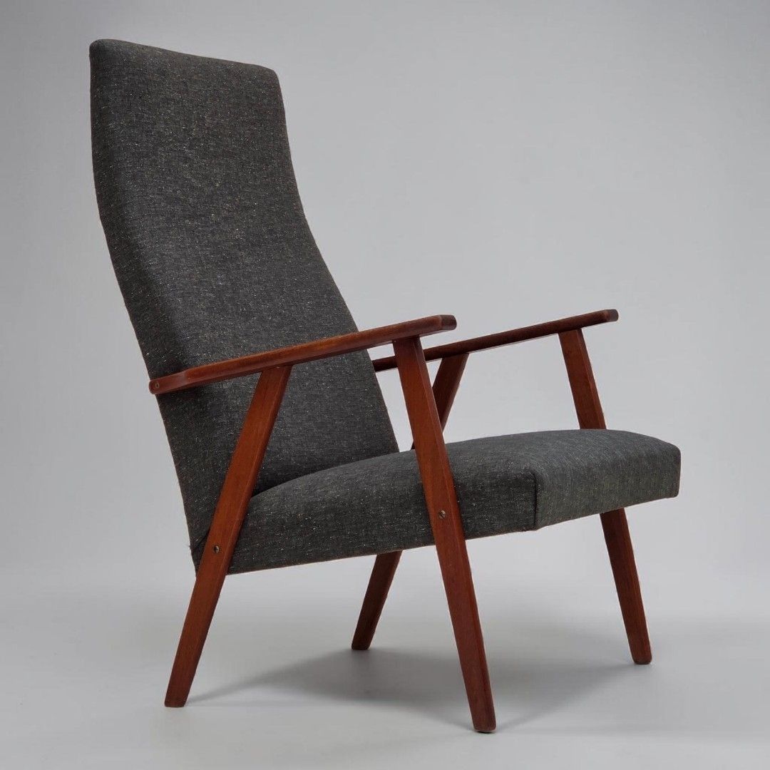 Ca. Jaren 1970, Deense Fauteuil Met Hoge Rug, Meubelstof, Teakhout.