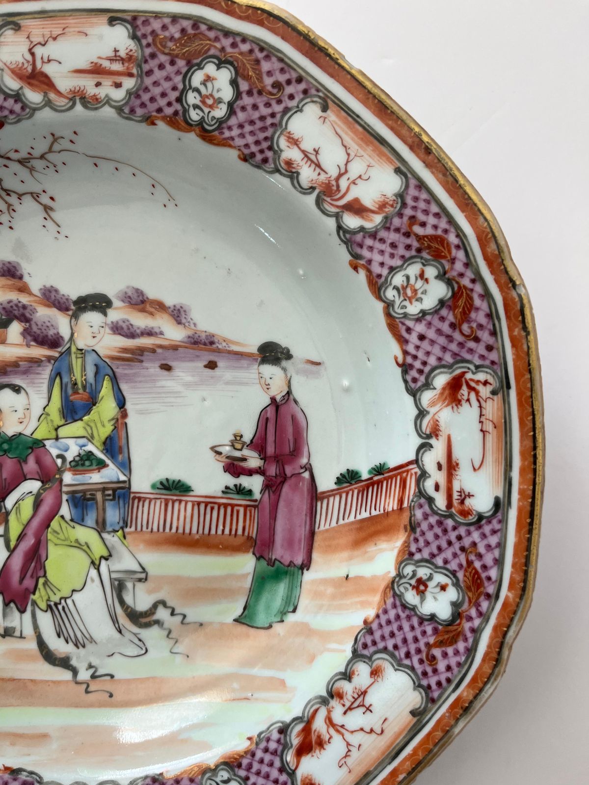 Chinese Octagonal Famille Rose Porcelain Deep Plate Or Bowl, Qianlong Period photo Home Decor