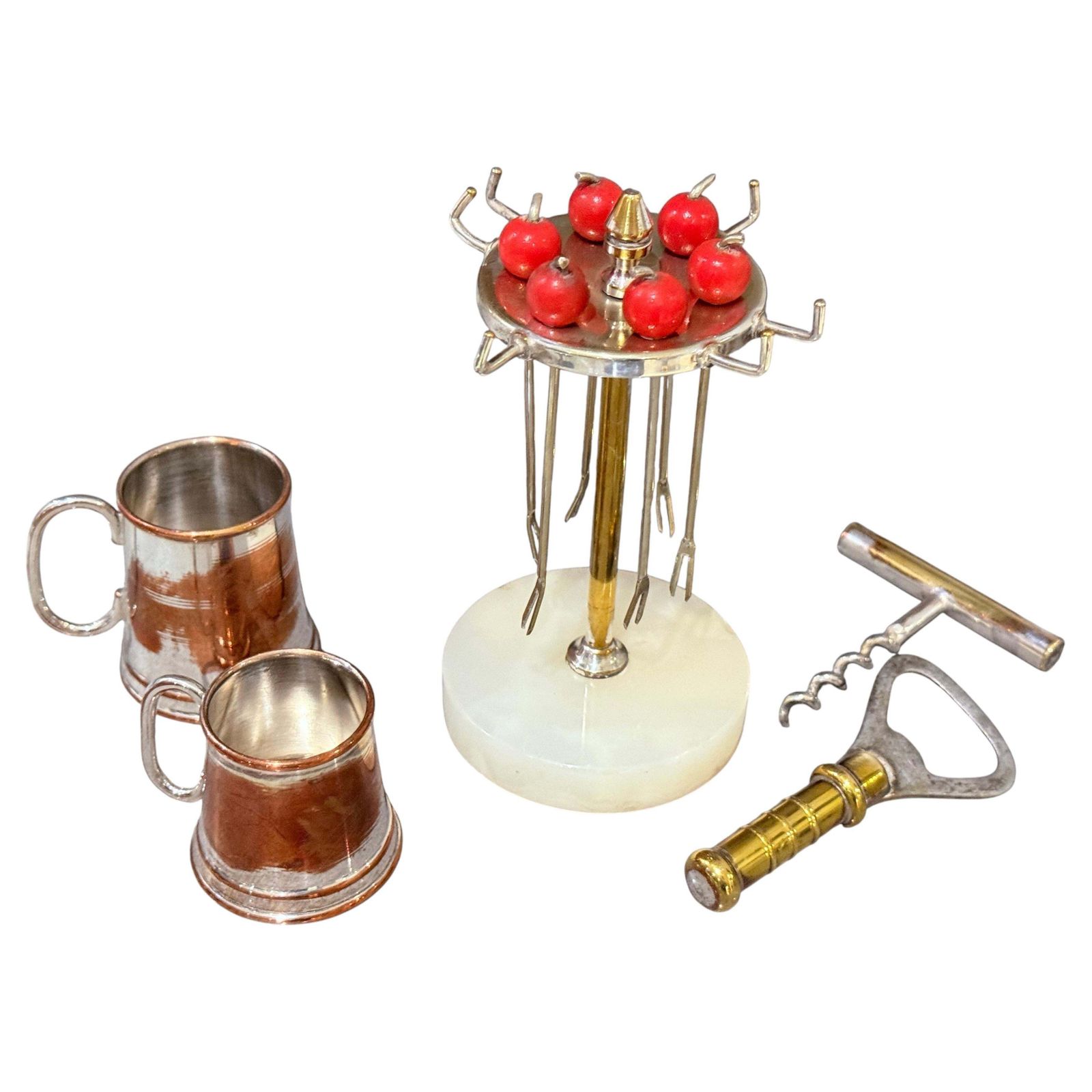 Vintage English Barware Set On Onyx Stand: Mini Tankards, Corkscrew & Bottle Ope