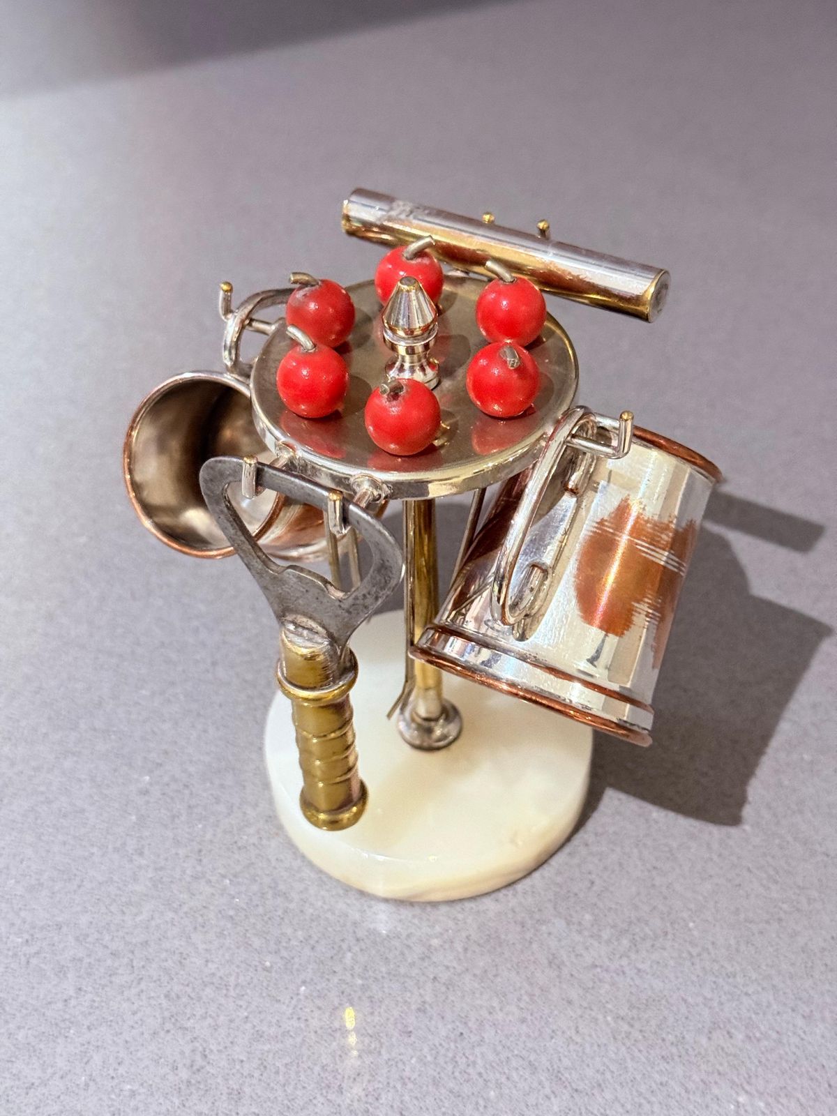 Vintage English Barware Set On Onyx Stand: Mini Tankards, Corkscrew & Bottle Ope photo furniture