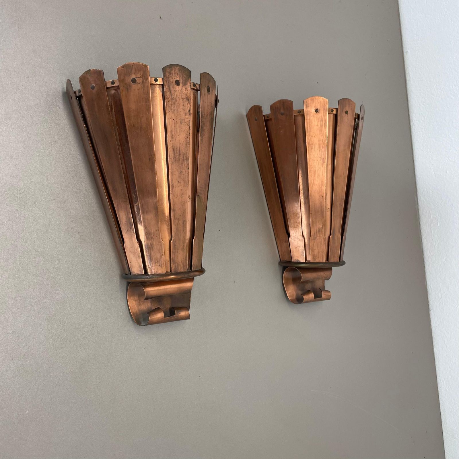 Set Of 2 Copper 25cm Gio Ponti Style Theatre Wall Light Sconces, Italy, 1950s photo furniture