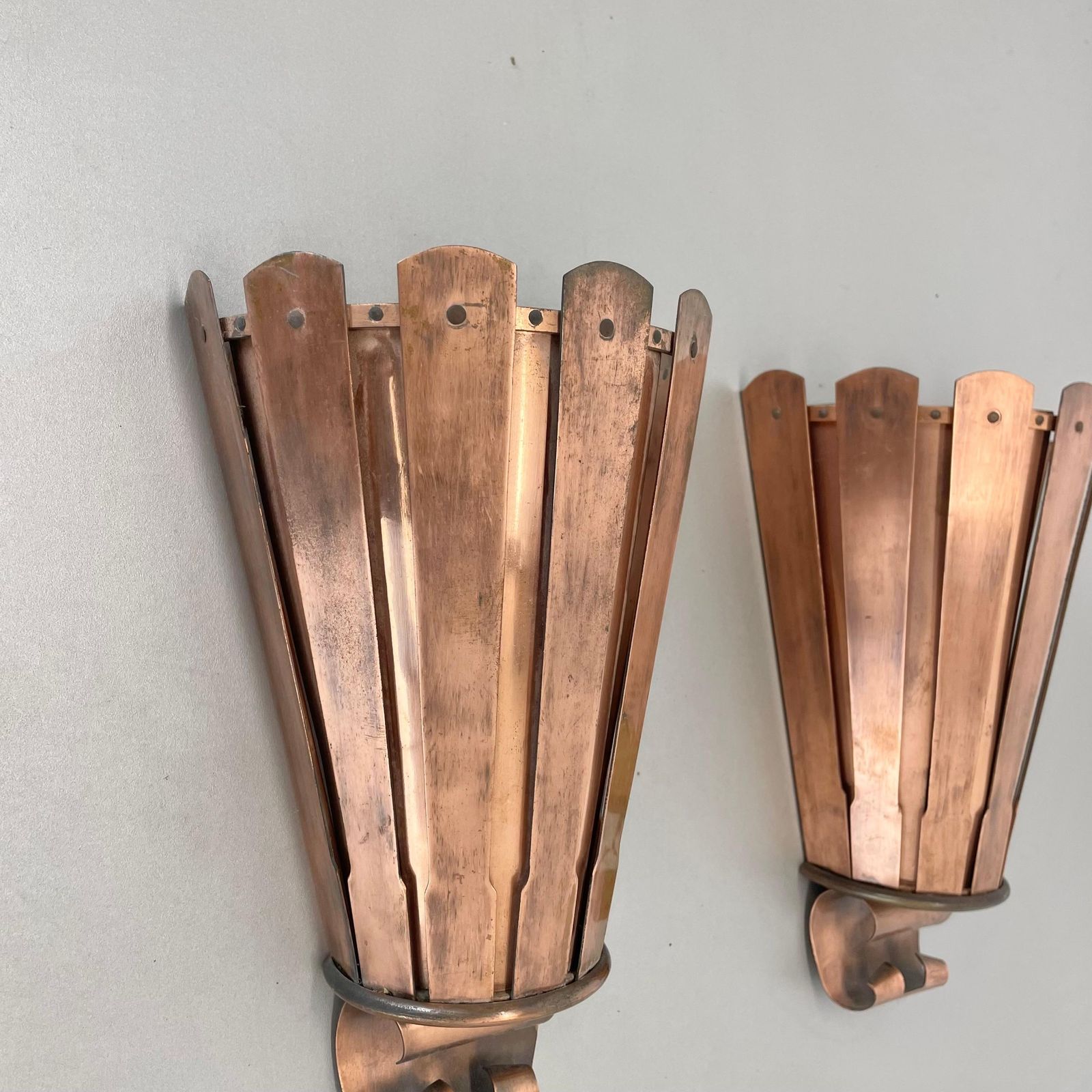 Set Of 2 Copper 25cm Gio Ponti Style Theatre Wall Light Sconces, Italy, 1950s photo Lighting