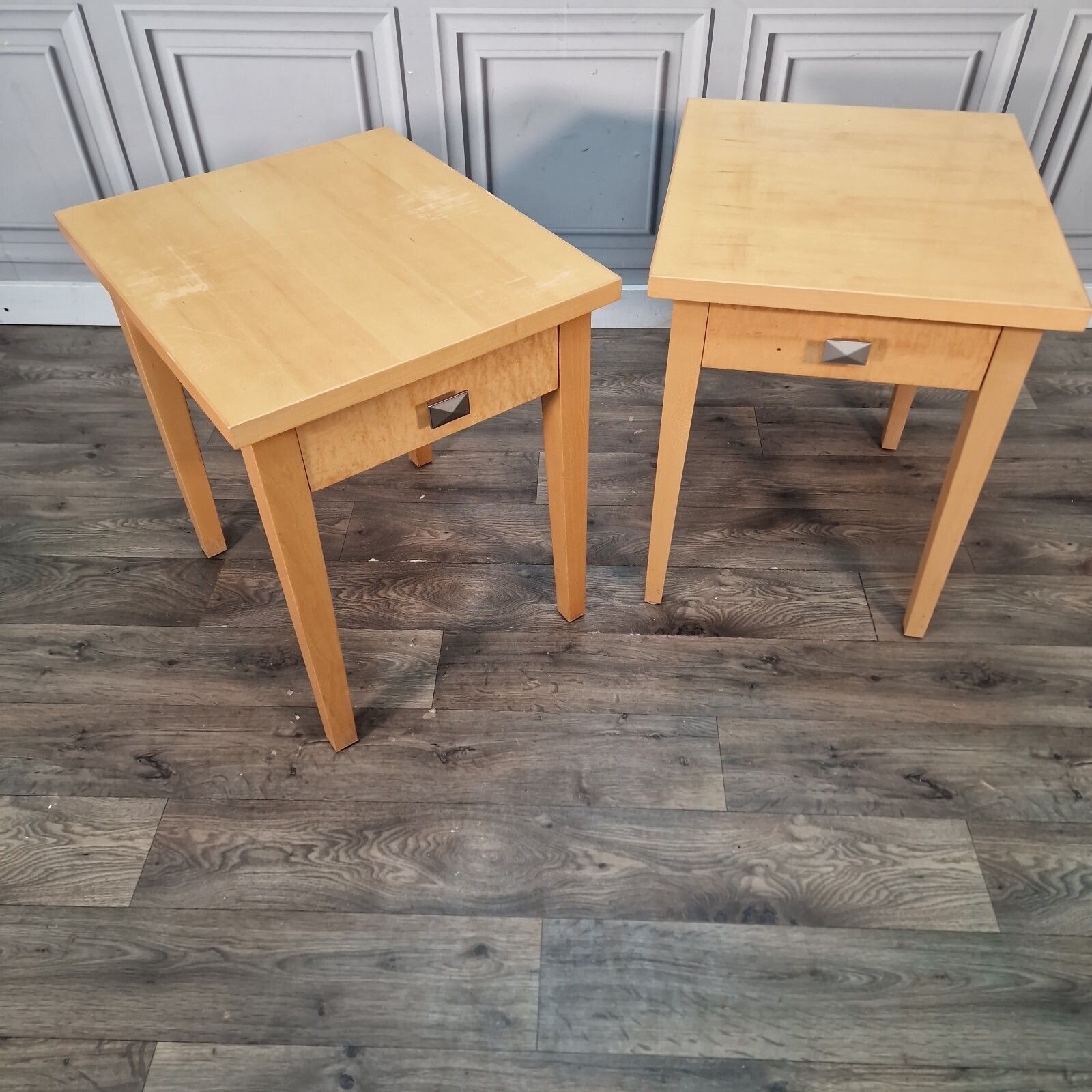 Pair 2 Bedside Tables   Maple Veneer Drawers Lamp Side Cabinet Nightstands Retro photo furniture