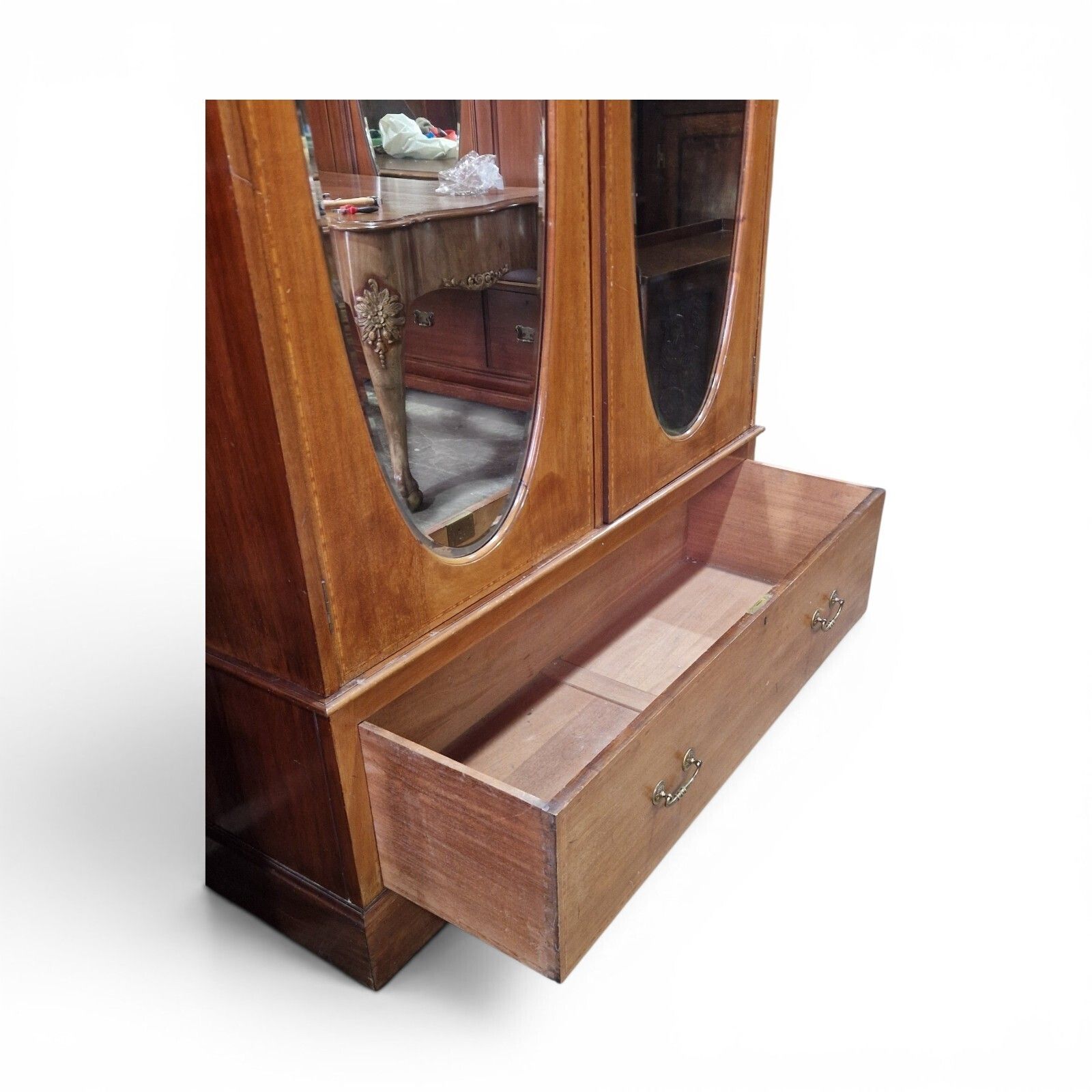 photo for sale Antique Edwardian Inlaid Mahogany Double Wardrobe Oval Mirror Doors Cws