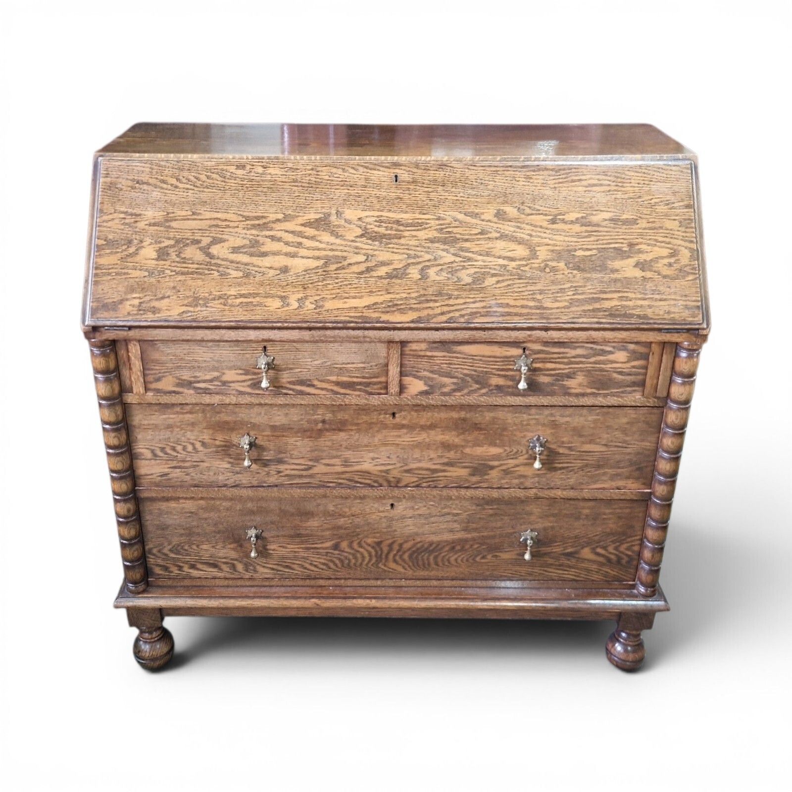 Antique Oak Bureau Writing Desk Fall Front Cabinet Drawers Old English Style photo furniture