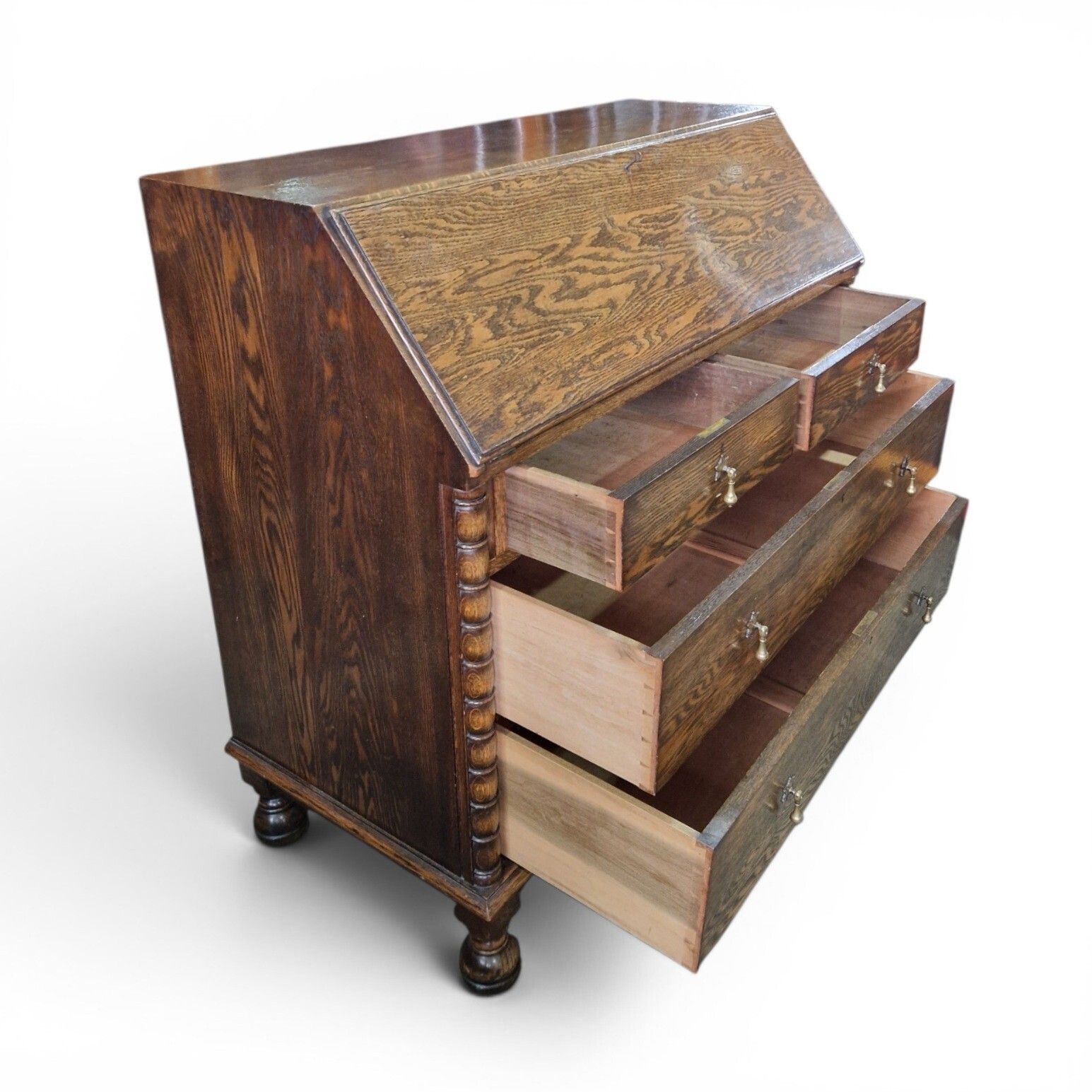 Furniture Antique Oak Bureau Writing Desk Fall Front Cabinet Drawers Old English Style photo