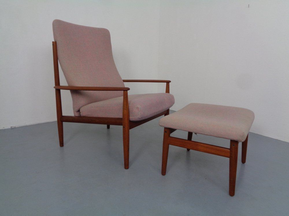 Set Of Teak High Back Chair And Ottoman By Grete Jalk For France & Son, Denmark, 1960s