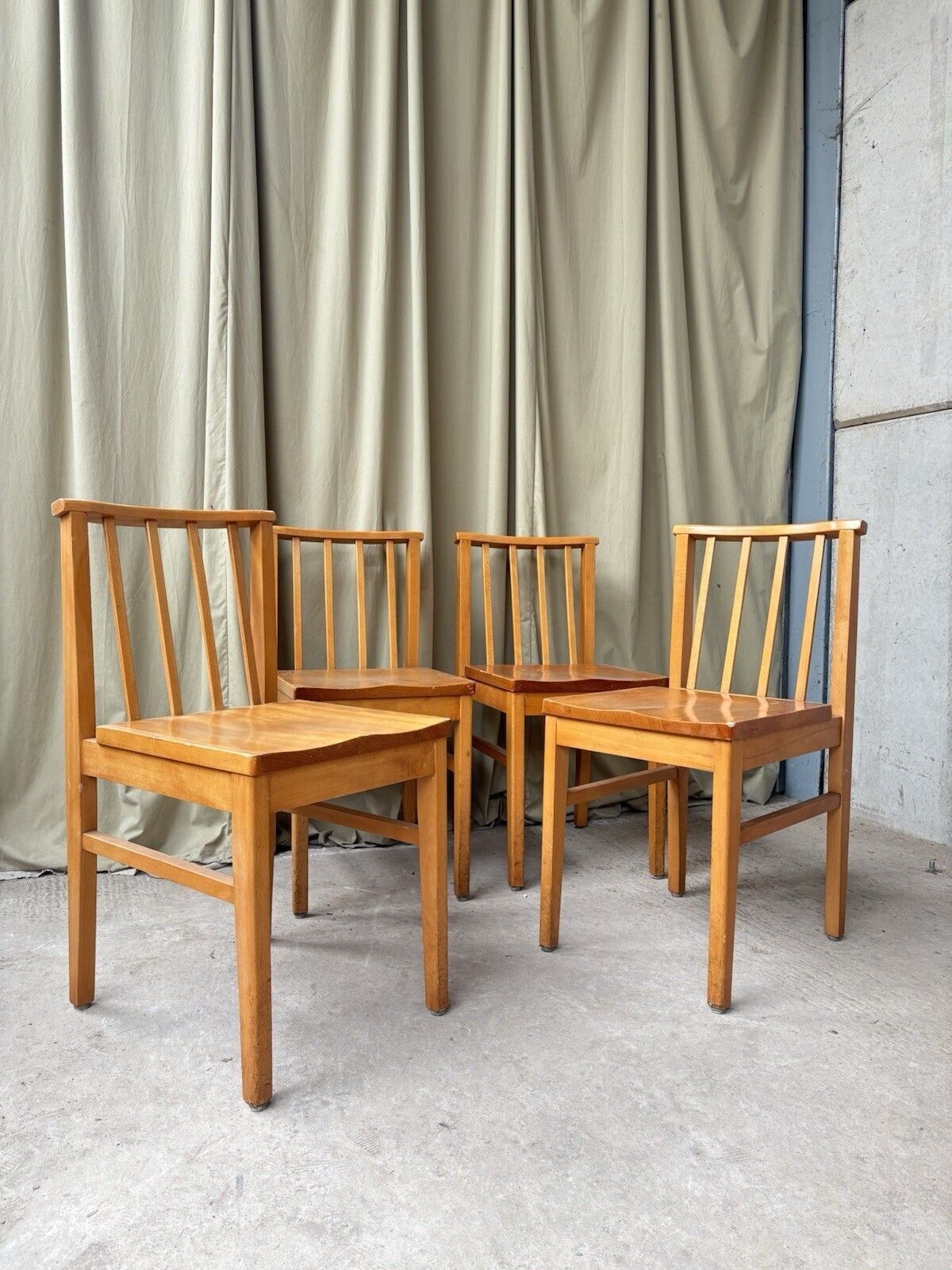 Vtg Mid Century Set Of 4 Solid Beech Church Dining Chairs Scandi Danish R1201