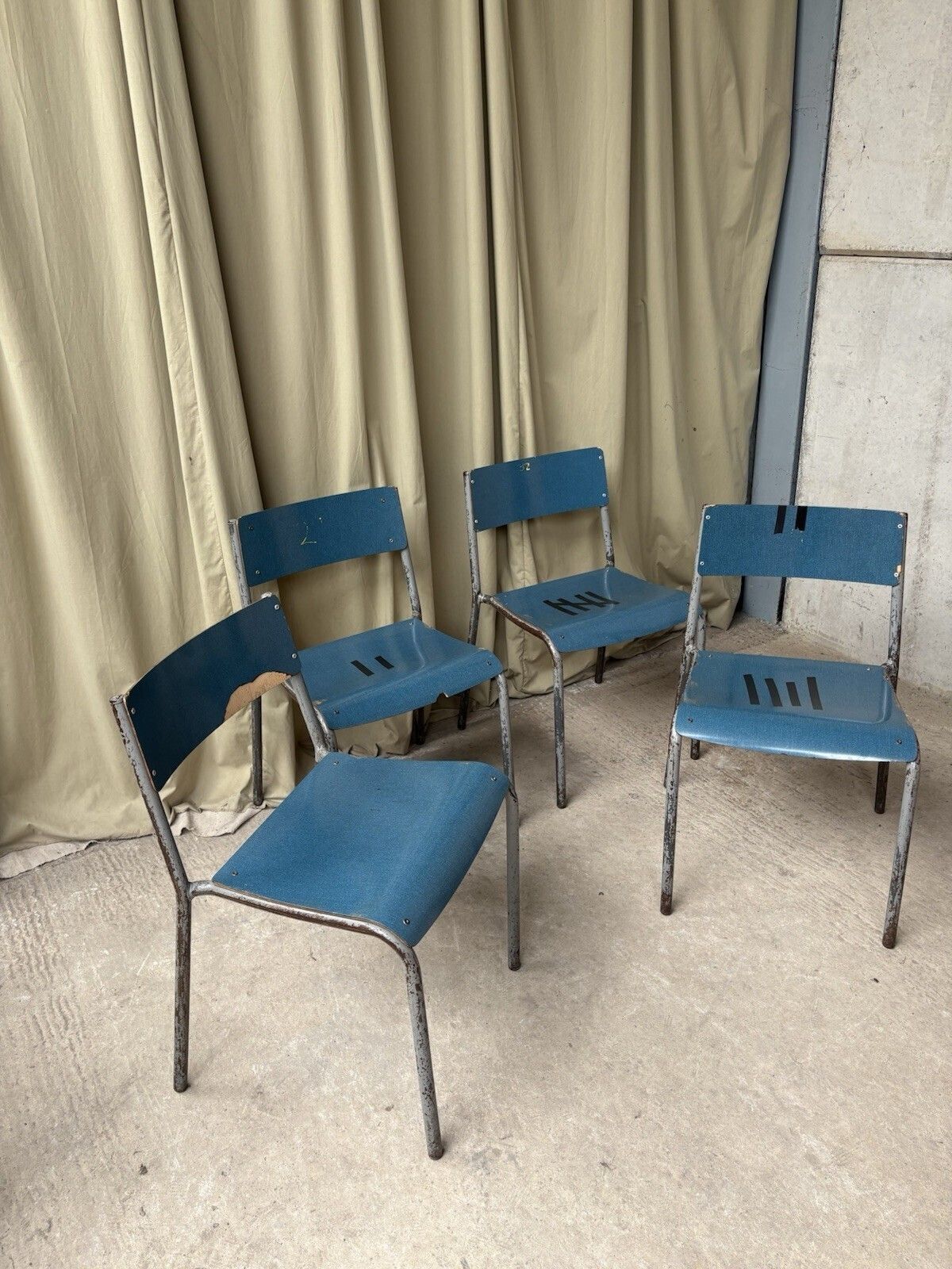 photo for sale Vtg Mid Century Industrial Metal Set Of 4 Stacking Dining Chairs Retro R1202