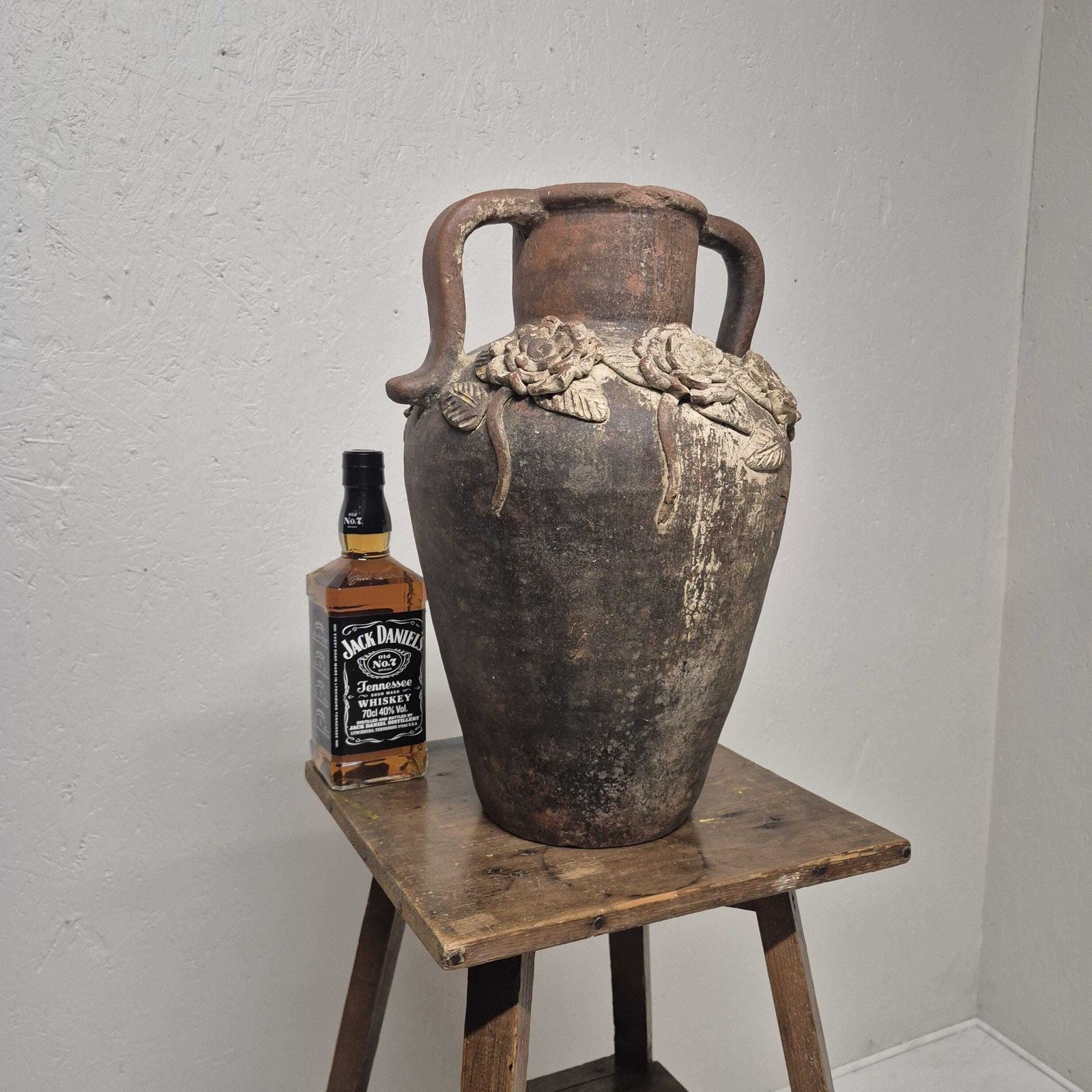 Weathered Terracotta Twin Handled Amphora Urn   Olive Jar Planter photo for sale