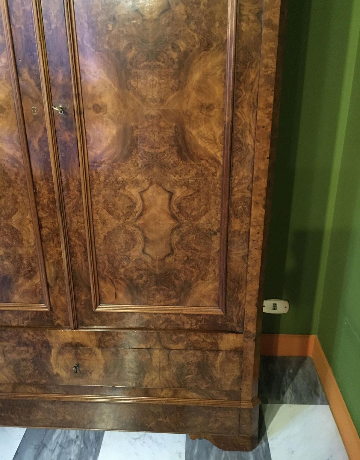 photo for sale Italy Mid  19th Century Walnut Olive Wood Neoclassical Storage Cabinets Armoires