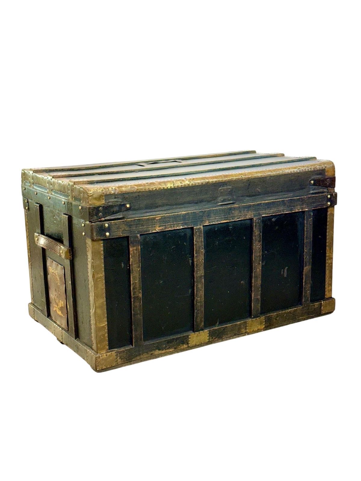 Black Canvas And Brass Flat Travel Trunk, Belle époque France Circa 1912 photo for sale
