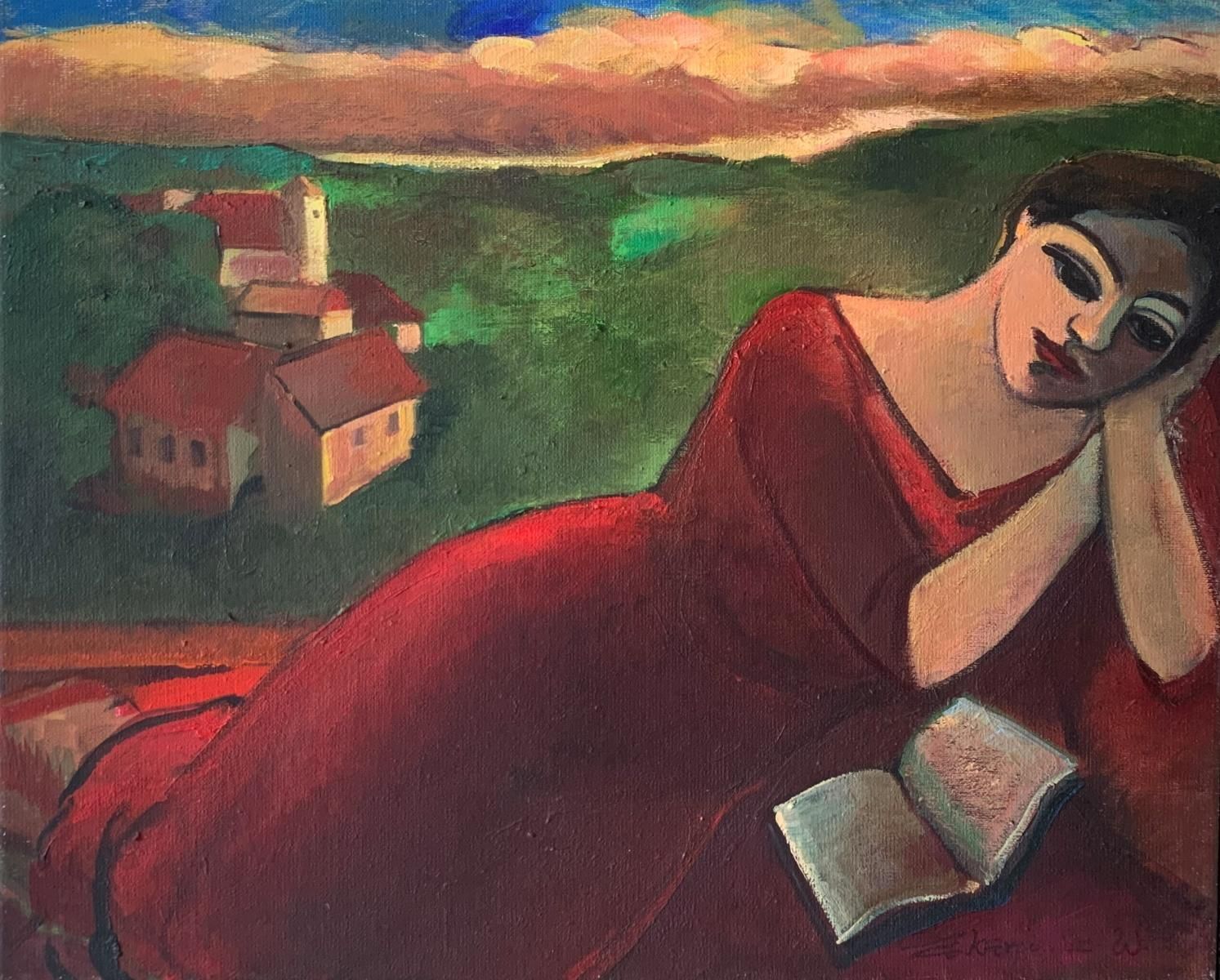 Late Afternoon Figurative Oil Painting 20th Century Style Polish Art