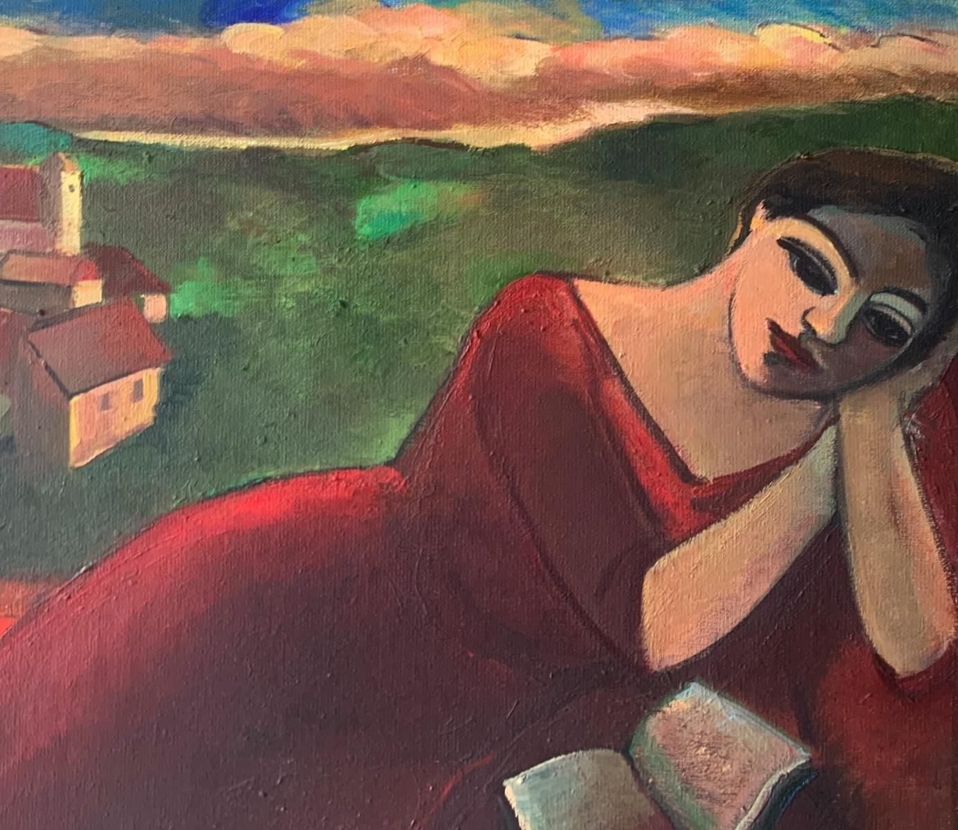 Late Afternoon Figurative Oil Painting 20th Century Style Polish Art photo furniture
