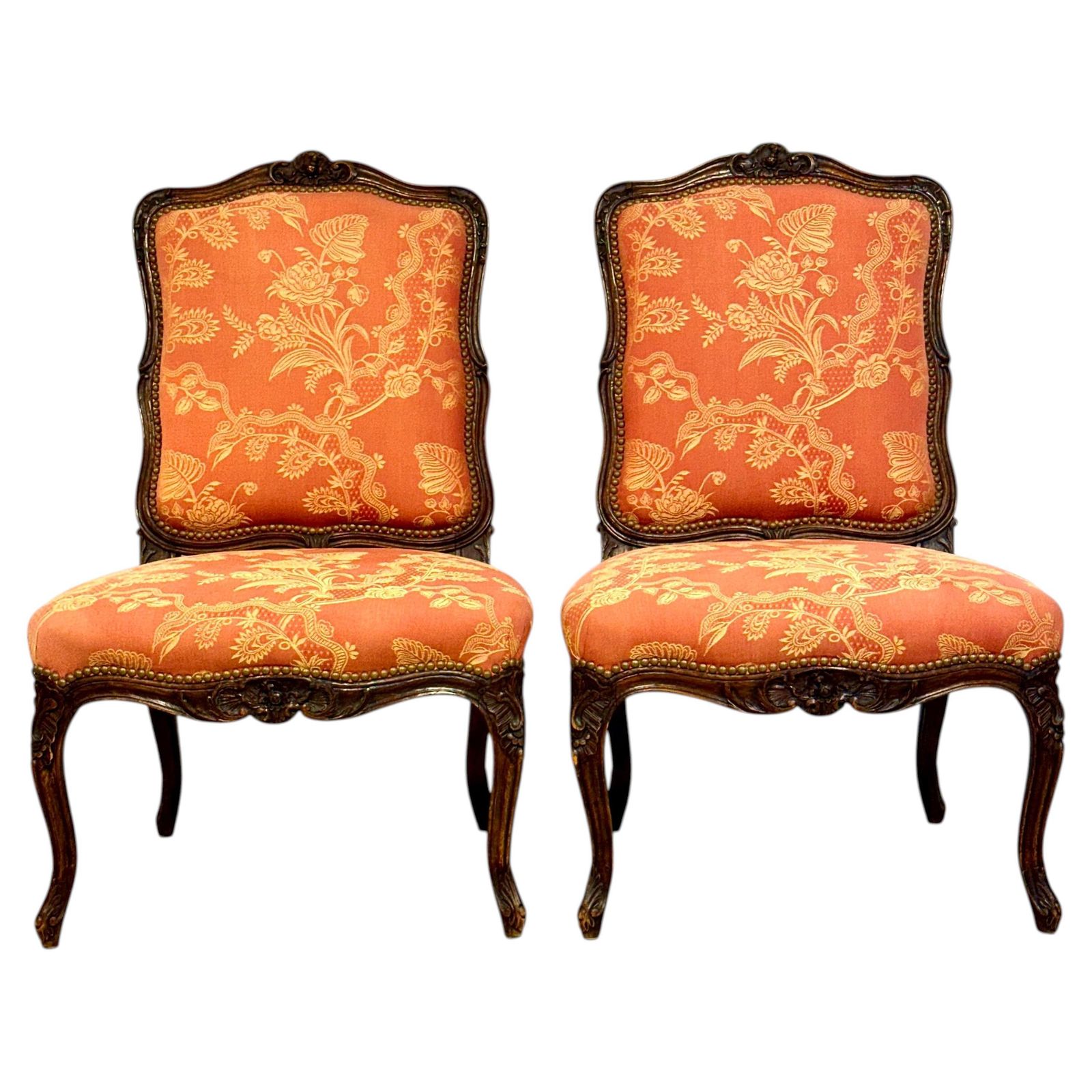 Louis XV Style Pair Of Carved Walnut Side Chairs, France C.1880