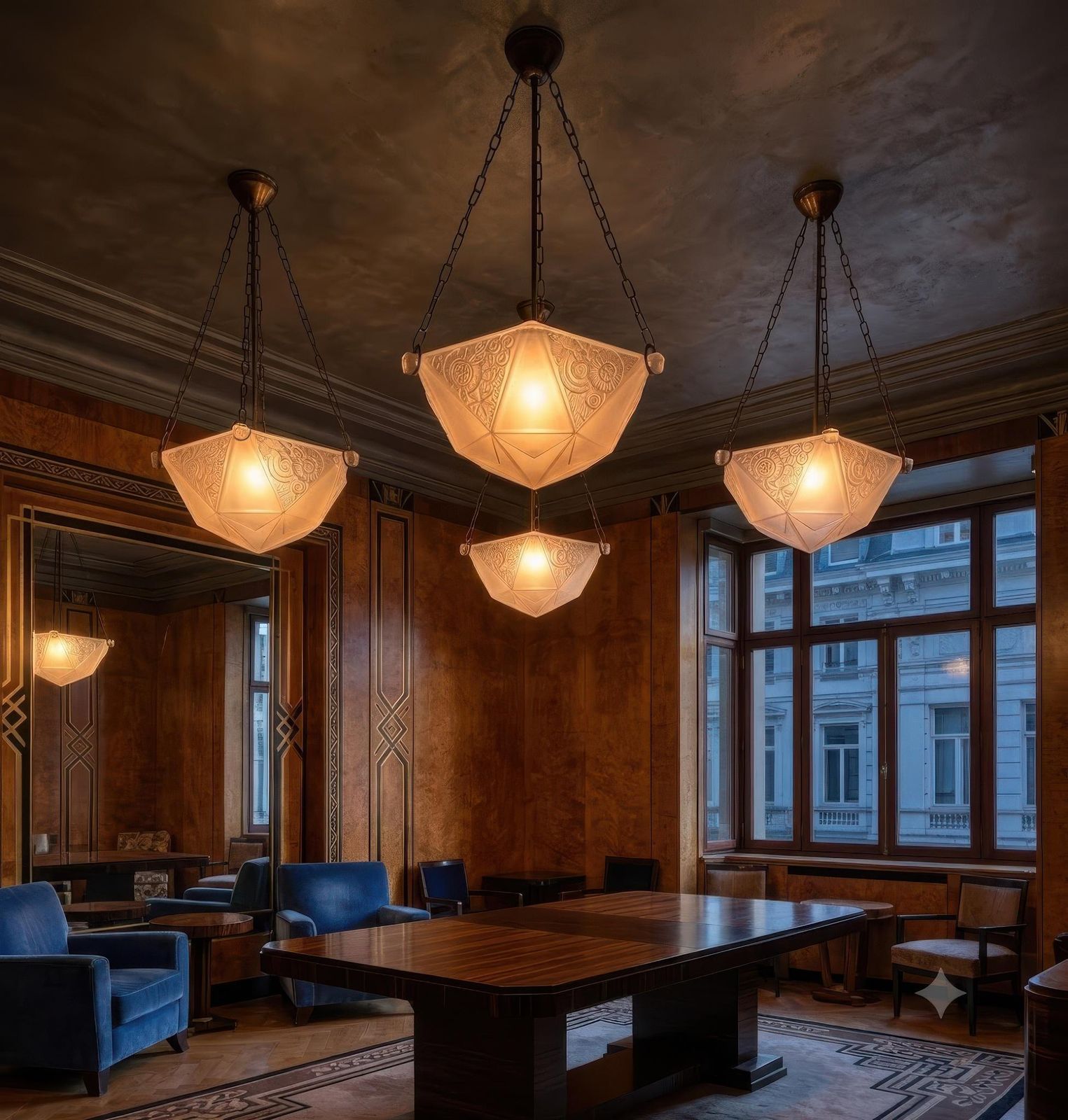 French Art Deco Geometric Pressed Glass Pendant Light, 5 Available photo for sale