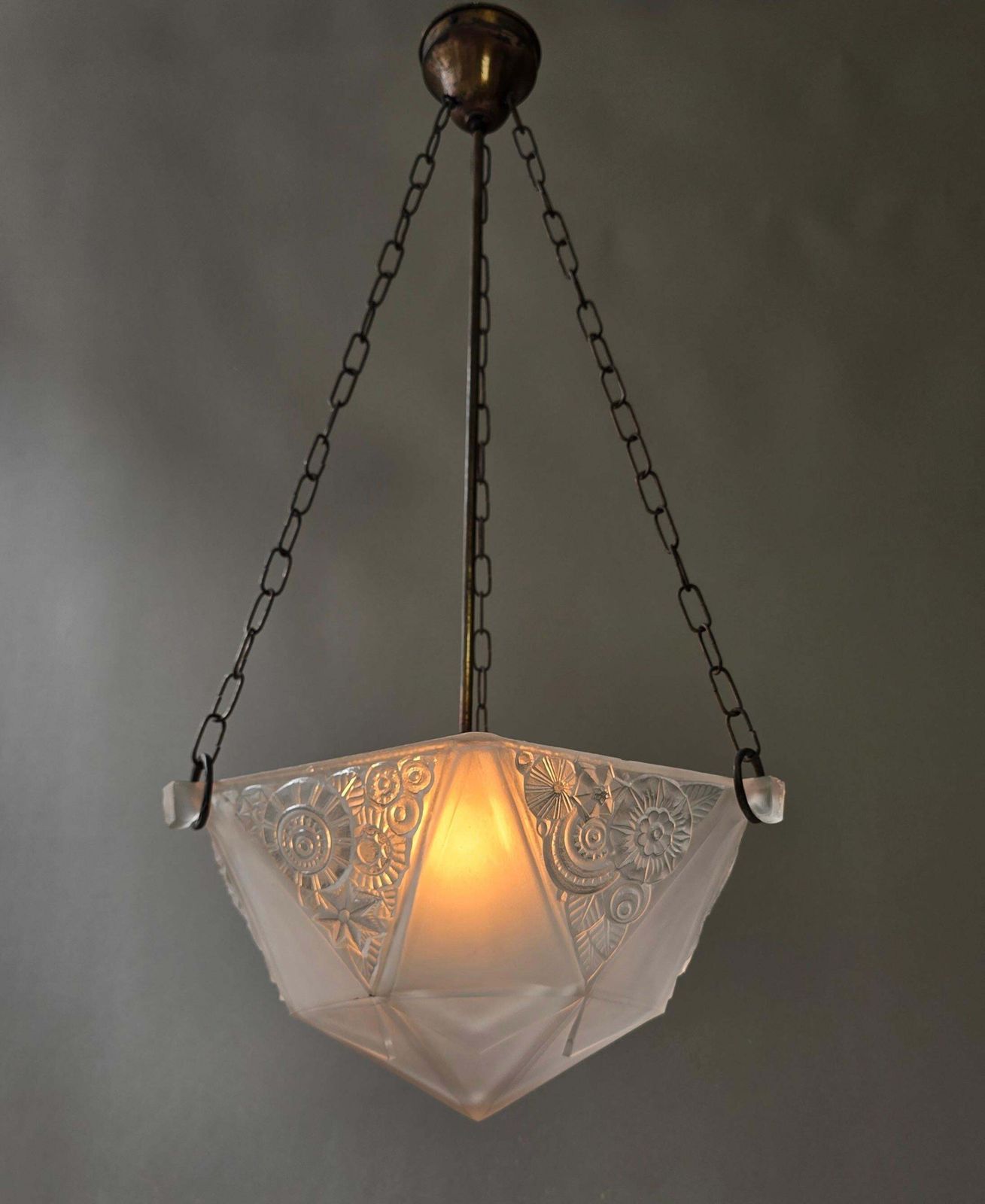 photo furniture French Art Deco Geometric Pressed Glass Pendant Light, 5 Available