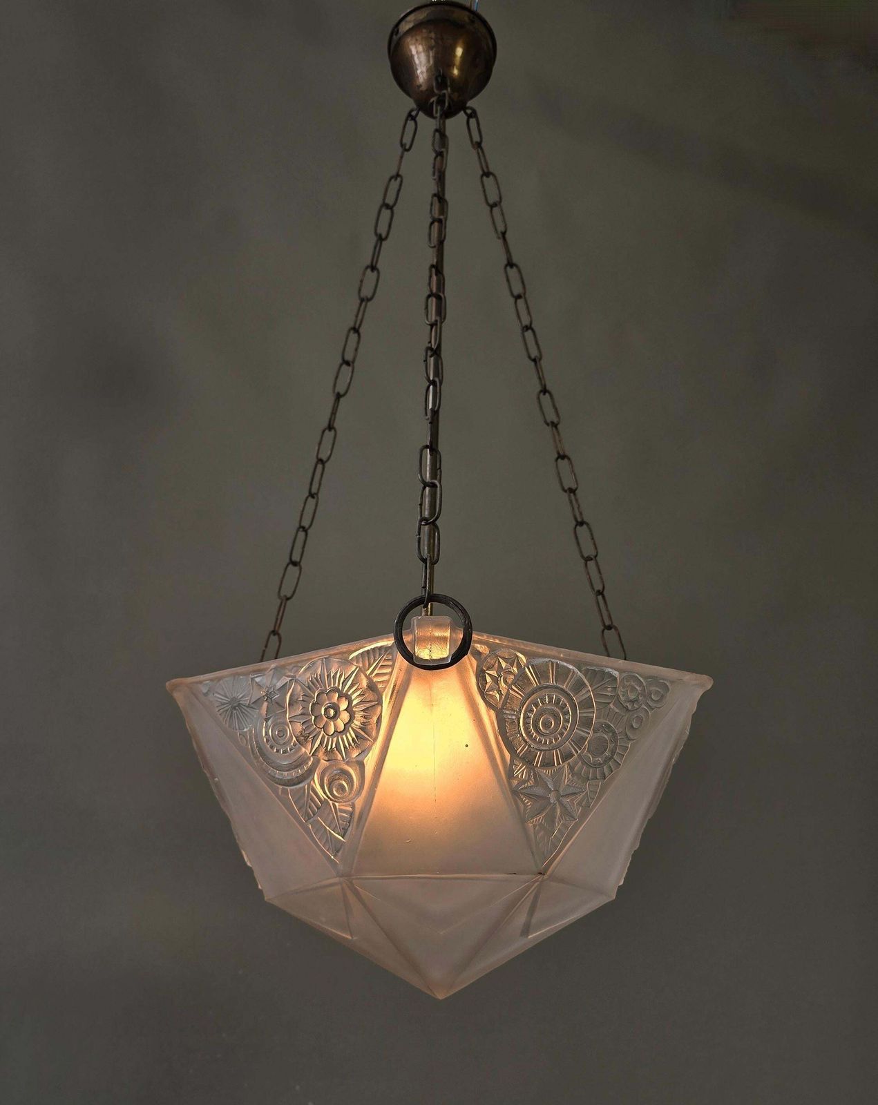 photo for sale French Art Deco Geometric Pressed Glass Pendant Light, 5 Available