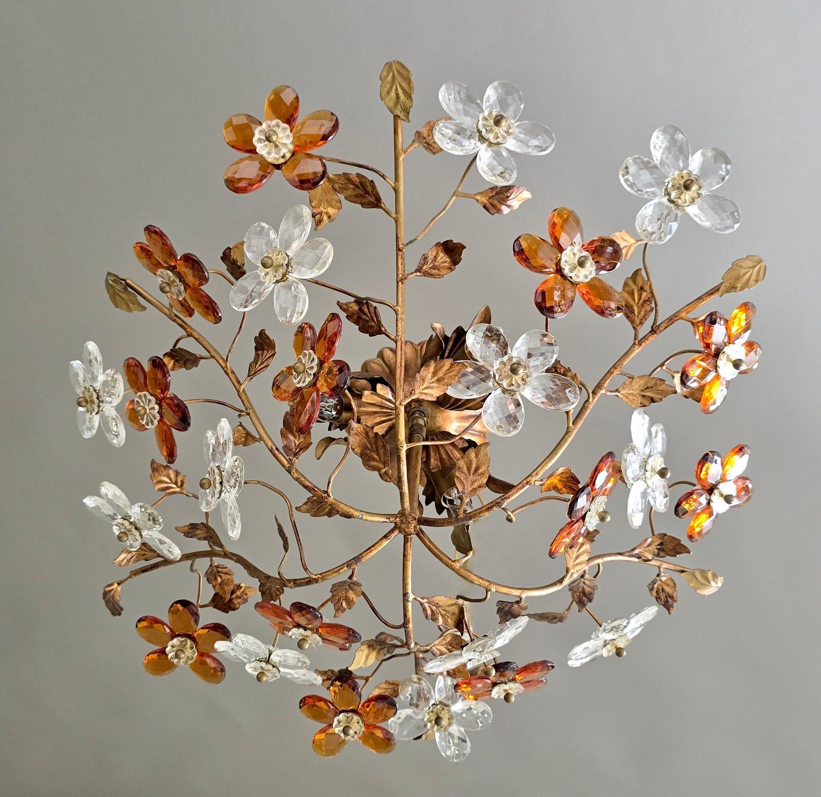 Italian Crystal Flower Flush Mount Ceiling Light With 24 Crystal Flowers, 1970s photo Lighting