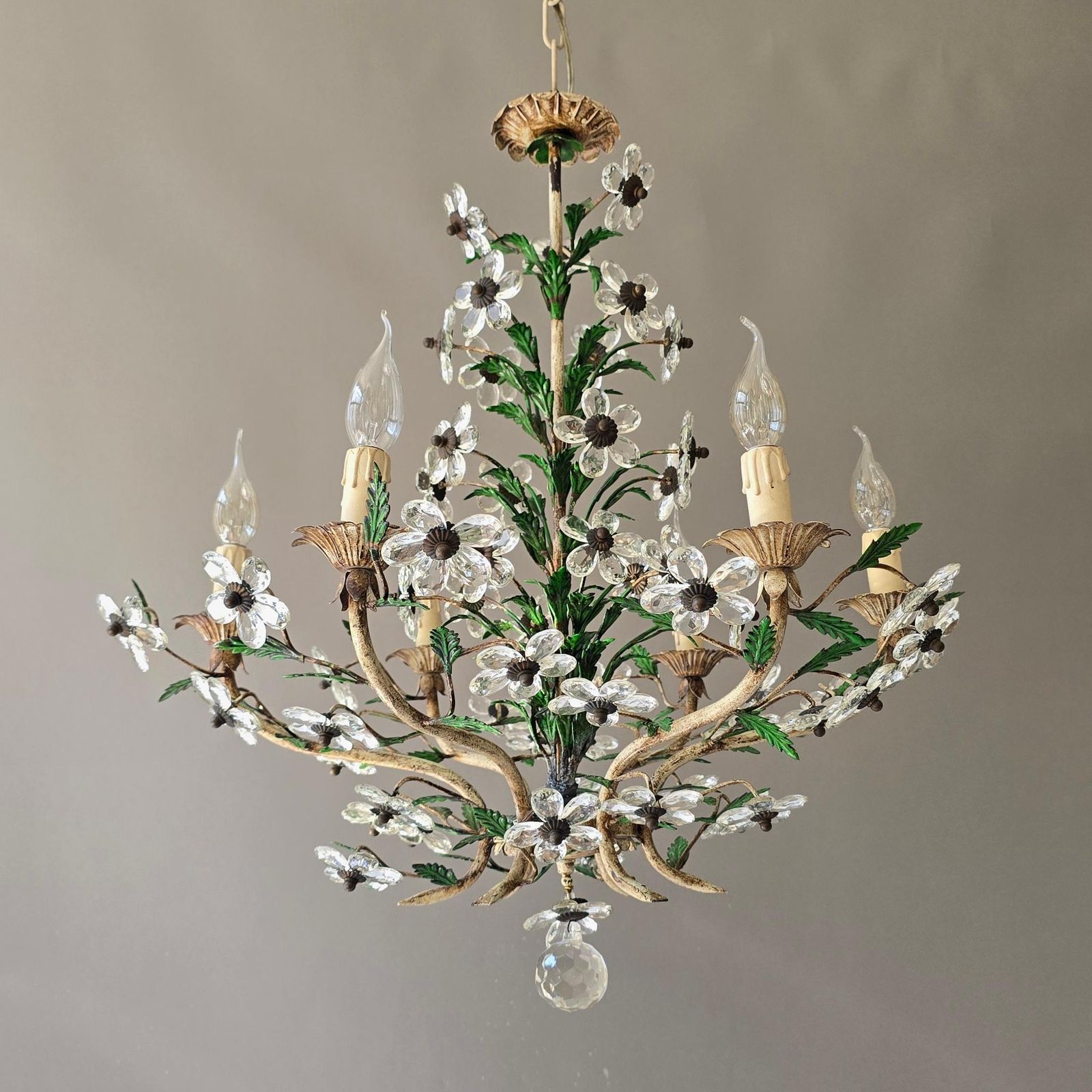 Italian Crystal Flower Chandelier With 58 Crystal Flowers, Six Lights, 1960s photo furniture