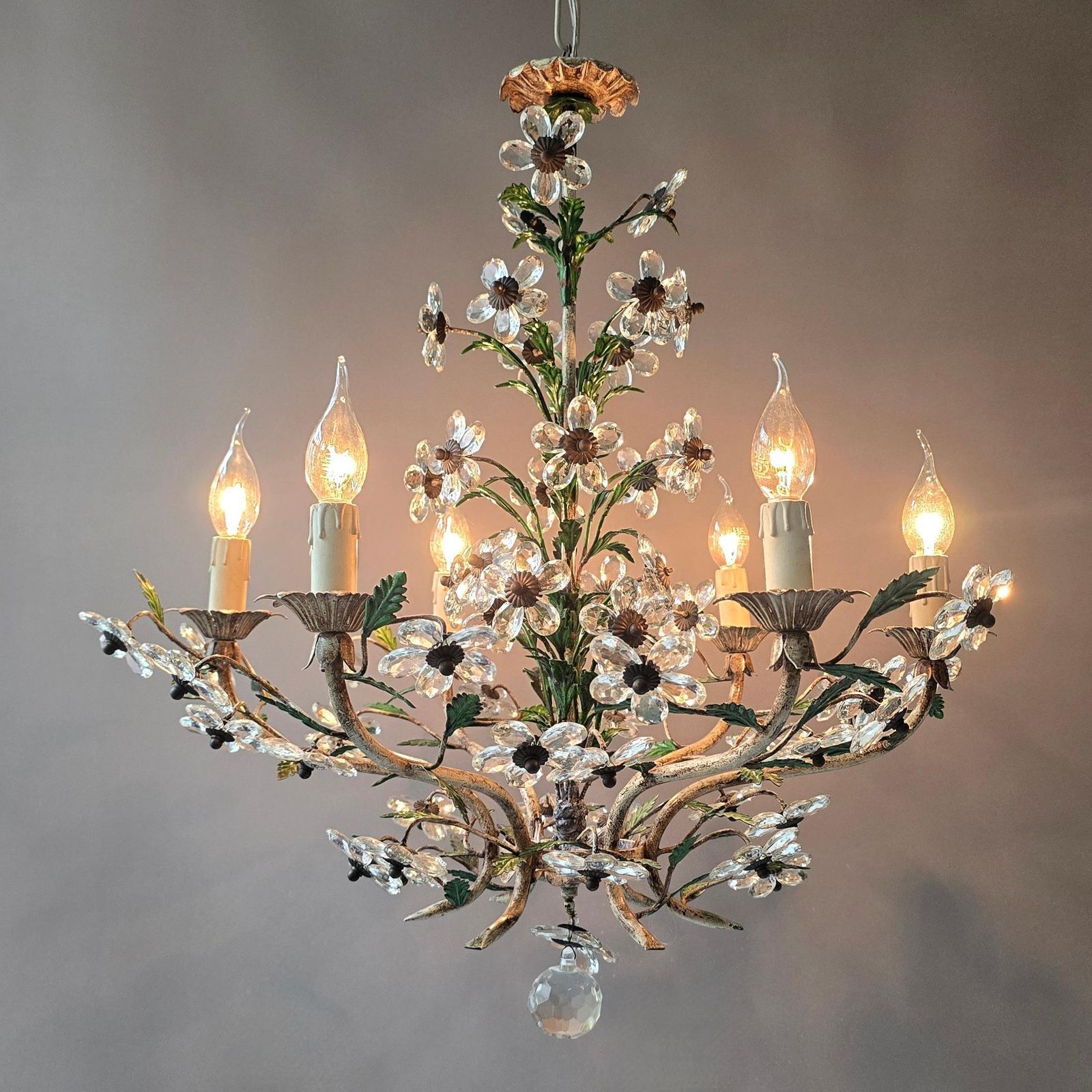 Italian Crystal Flower Chandelier With 58 Crystal Flowers, Six Lights, 1960s photo buy