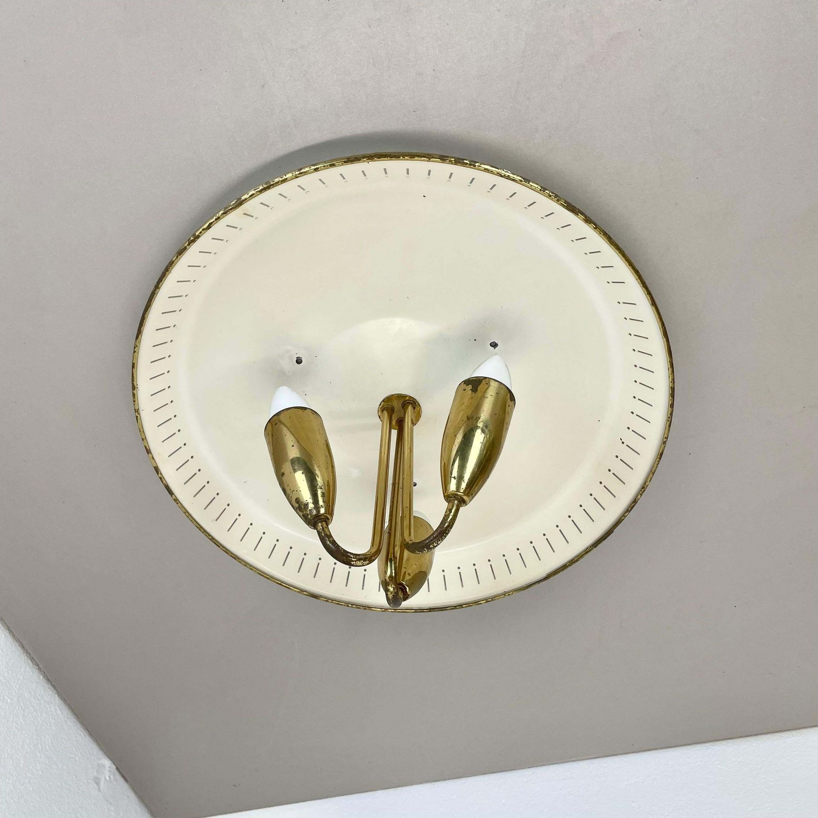 Unique Round Brass Gino Sarfatti Style Ceiling Light Flushmount, Italy 1950s photo for sale