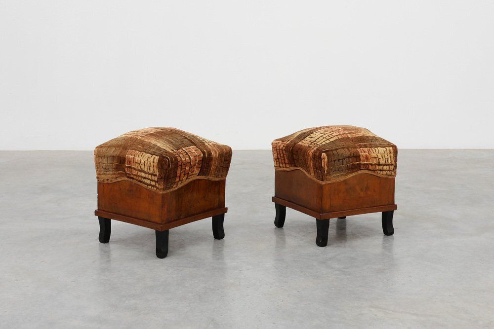 1298.0 Art Deco Walnut Ottoman With Velvet Upholstery, Italy, 1920s photo