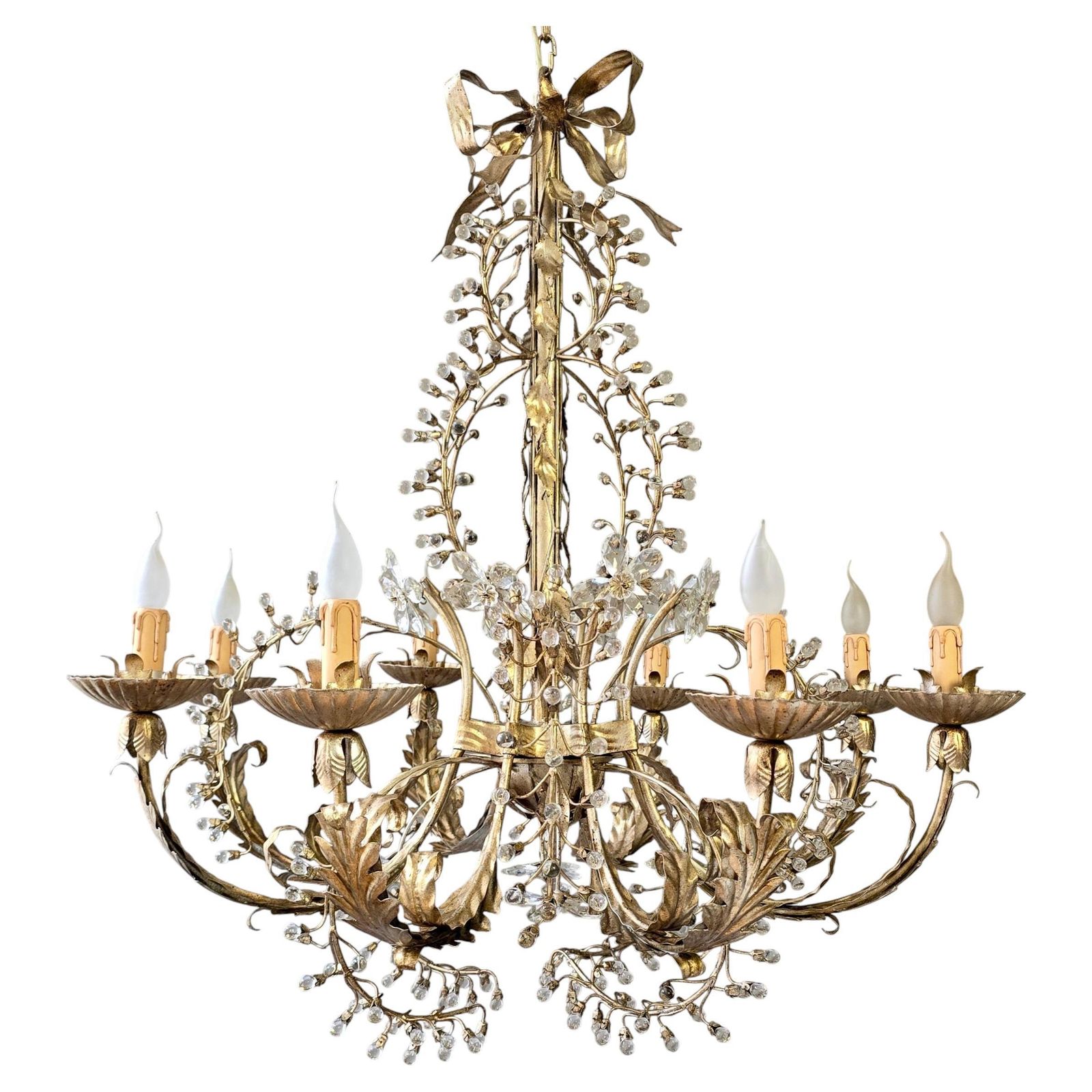 Large Mechini Florence Gilt Iron And Crystal Floral Chandelier, Italy