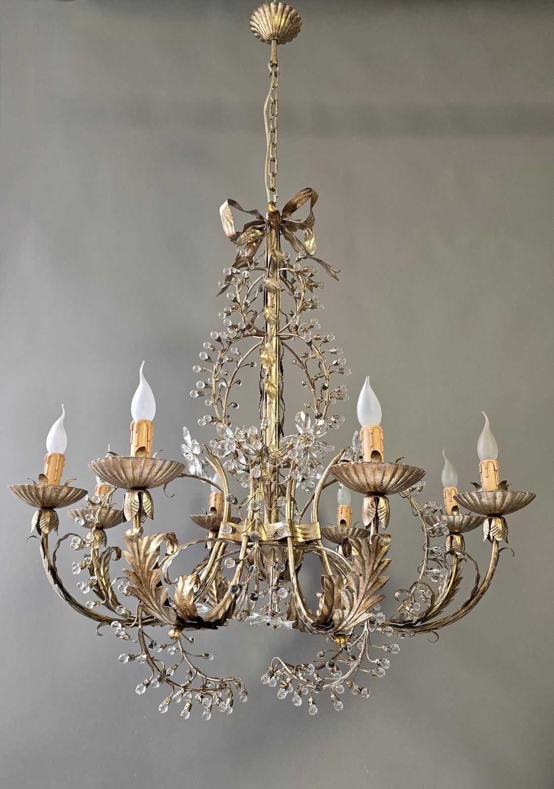 Large Mechini Florence Gilt Iron And Crystal Floral Chandelier, Italy photo 6877.0