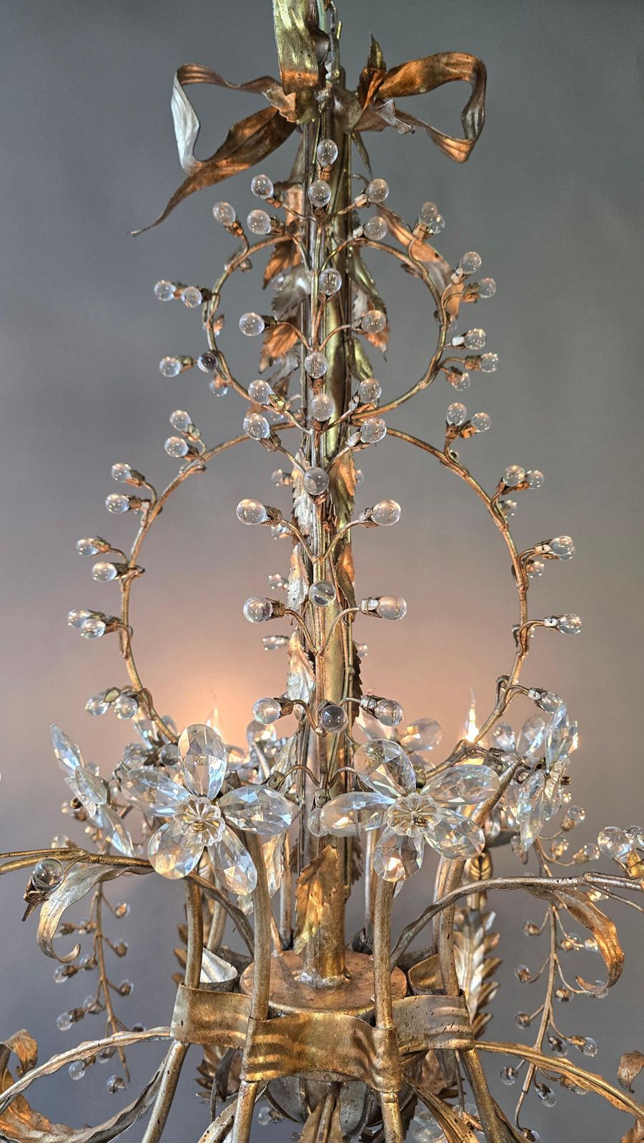 6877.0 Large Mechini Florence Gilt Iron And Crystal Floral Chandelier, Italy photo