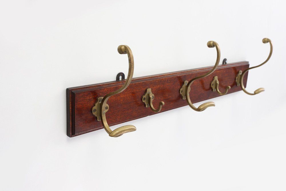 Art Nouveau Coat Rack In Brass And Oak, France, 1900s photo for sale