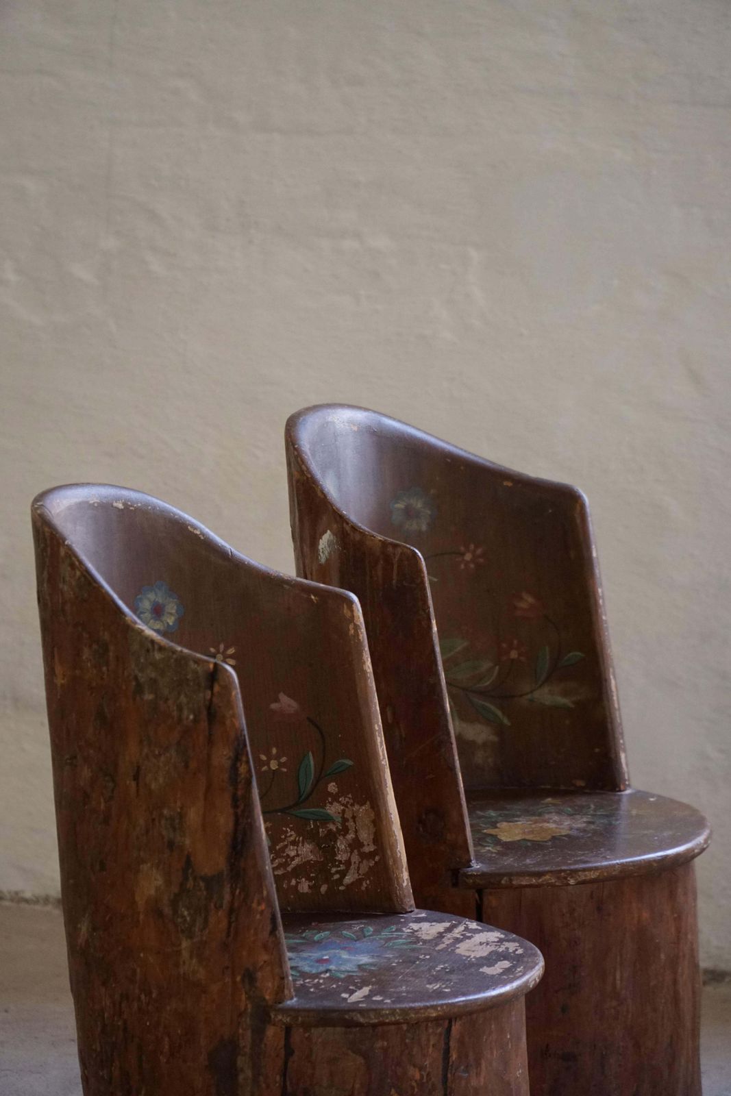 Pair Of Swedish Folk Art Stump Chairs, Painted Floral Motifs, Late 19th Century photo Furniture