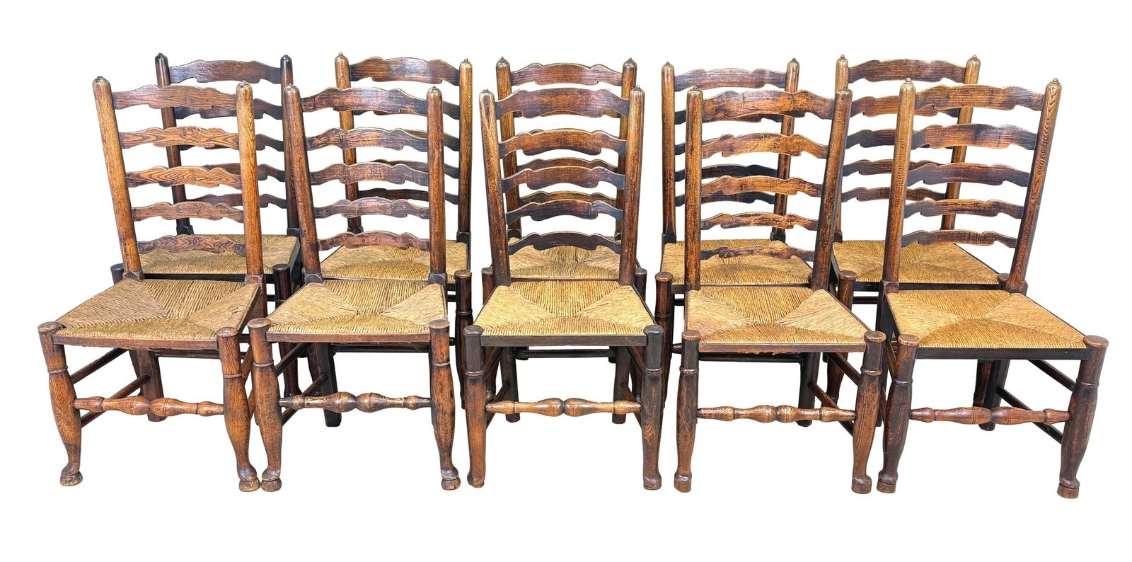 Set van 10 Georgische ladderrug boerenkeukenstoelen, begin 19e eeuw (Engeland, ca. 1820)