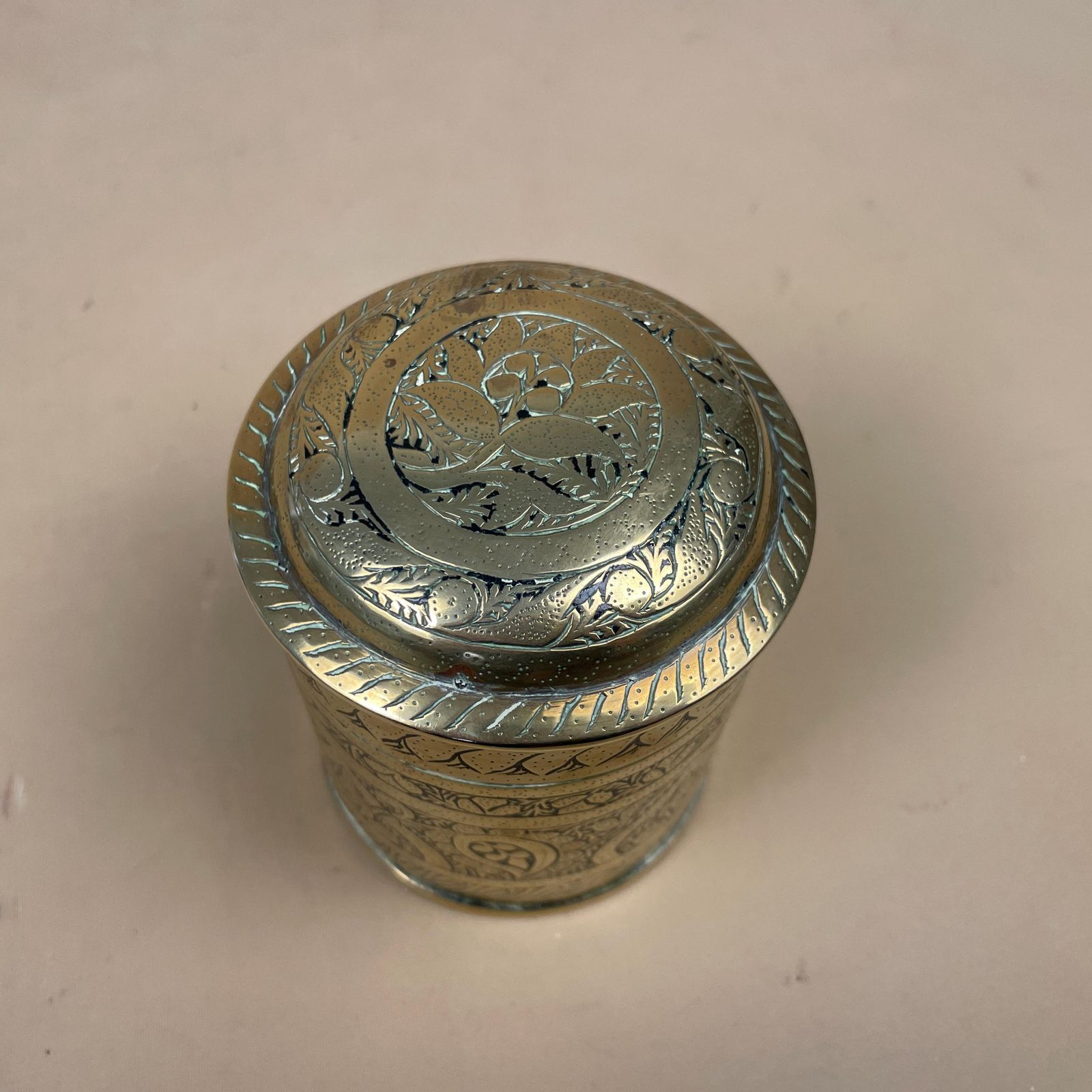 Indian Brass Engraved Lidded Pot Cylinder Canister Decorative Metal Jar Vintage Home Decor Accent photo 55.0