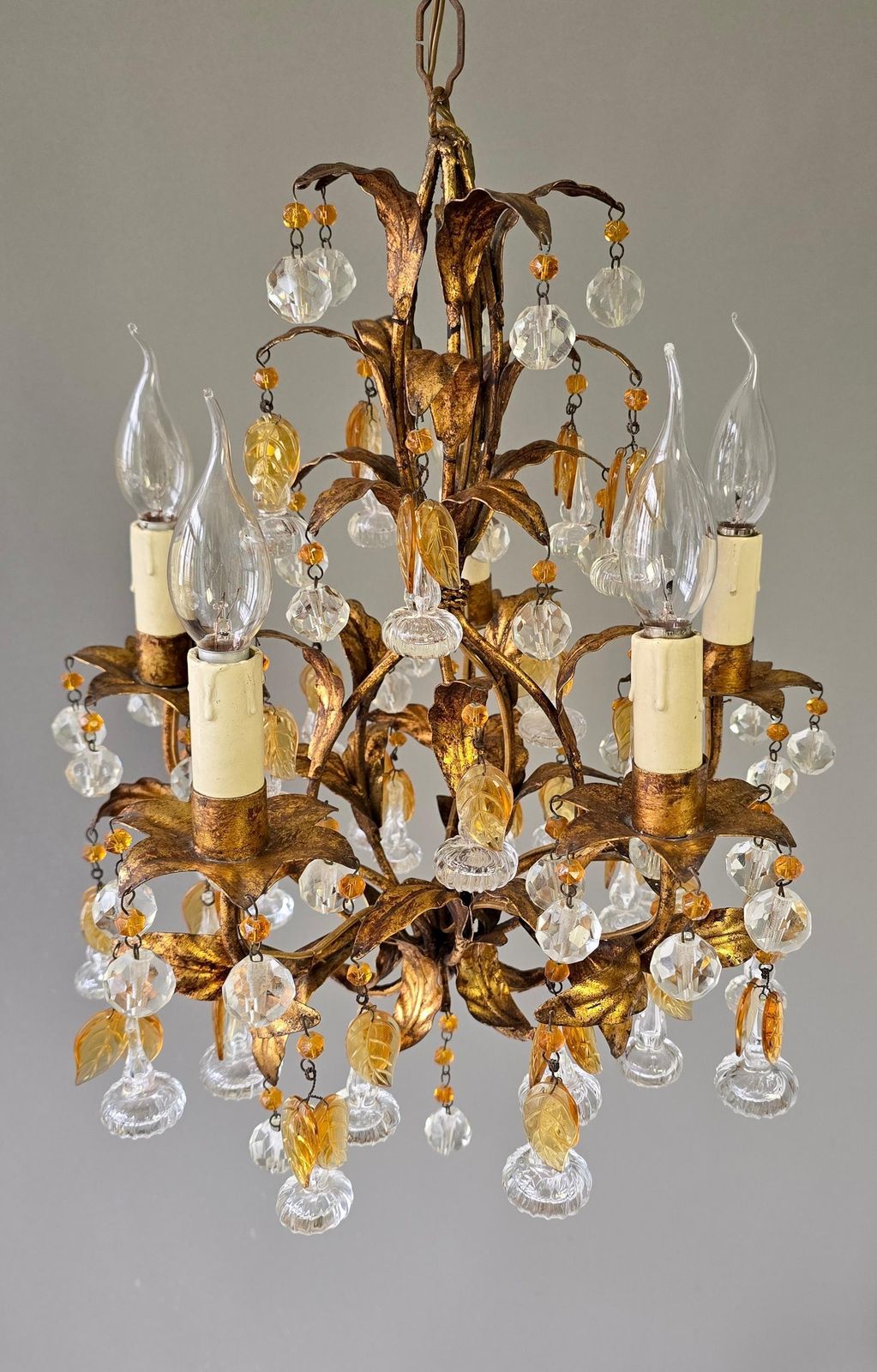 Italian Gilt Metal And Crystal Leaf Chandelier With Amber Glass Drops, 1970s photo 2495.0