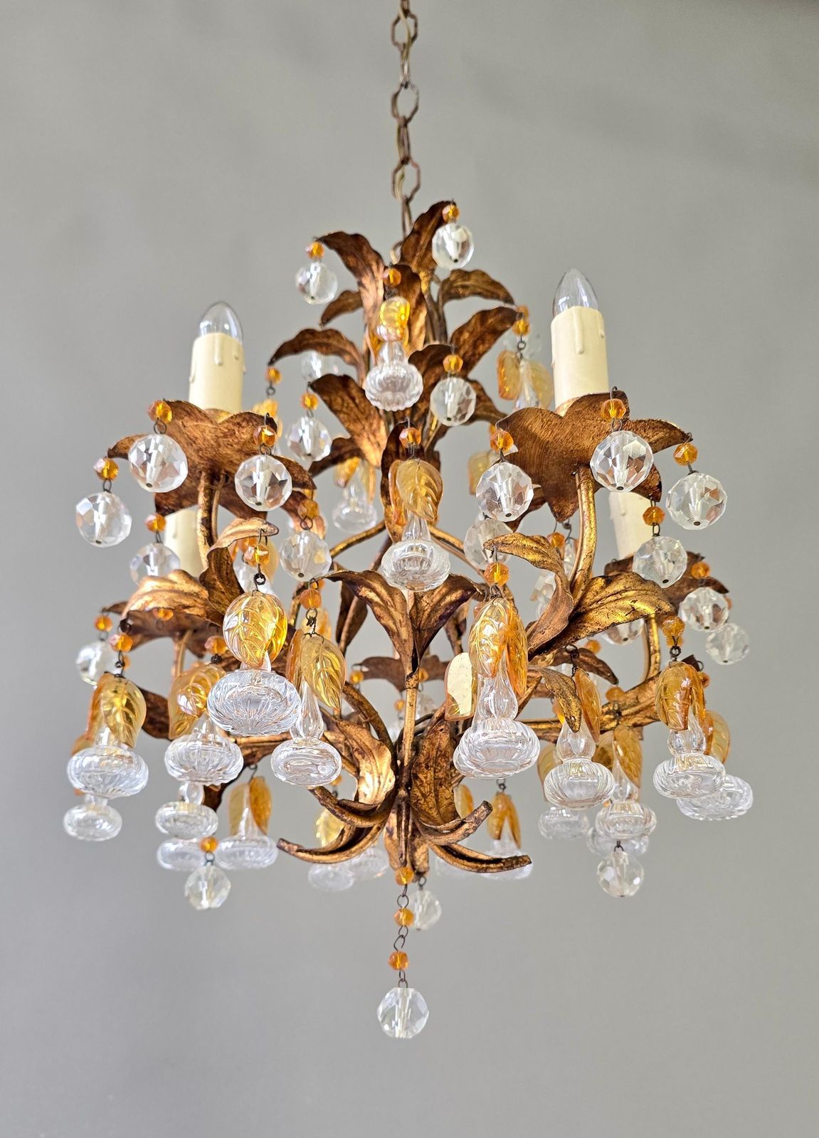 Italian Gilt Metal And Crystal Leaf Chandelier With Amber Glass Drops, 1970s photo vinterior