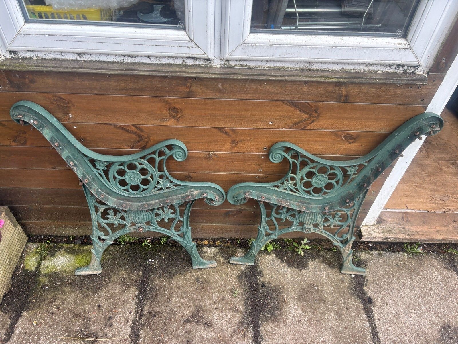 photo for sale Pair Of Vintage Large Green Painted Bench Ends