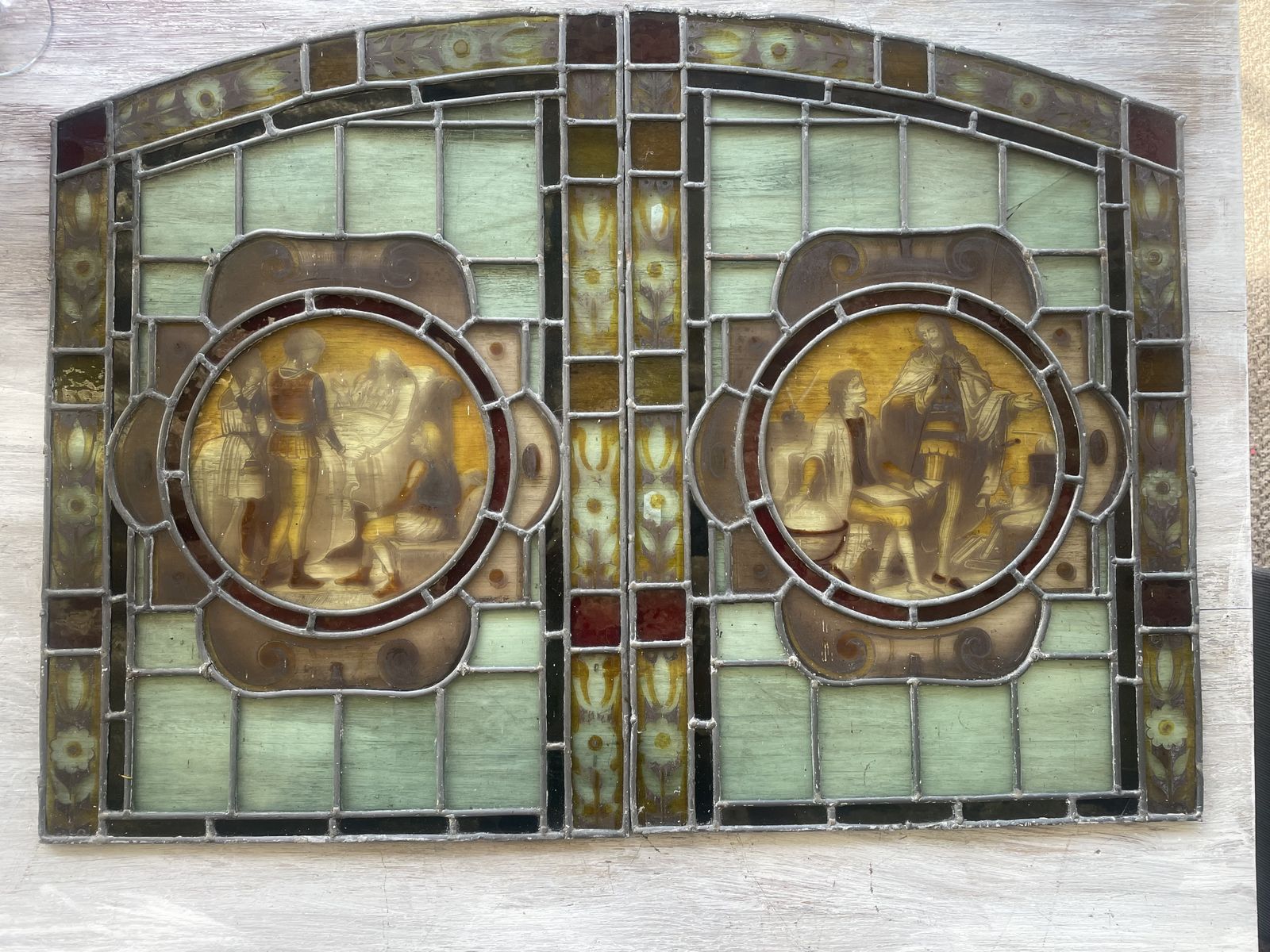 Beautiful Pair Victorian Hand Painted Stained Glass Windows Featuring Cultural Scenes