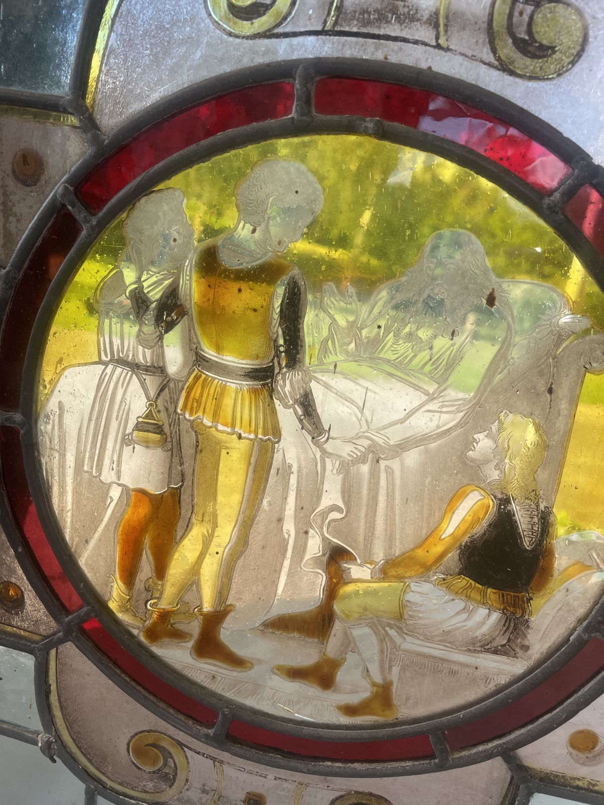 photo buy Beautiful Pair Victorian Hand Painted Stained Glass Windows Featuring Cultural Scenes
