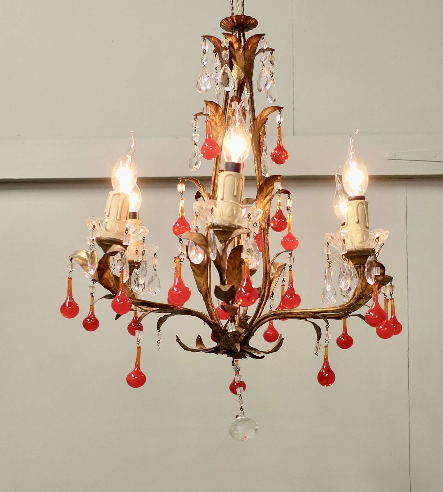 Large French Chandelier Hung With “Lipstick” Red Teardrops This Is An Amazing Piece photo for sale