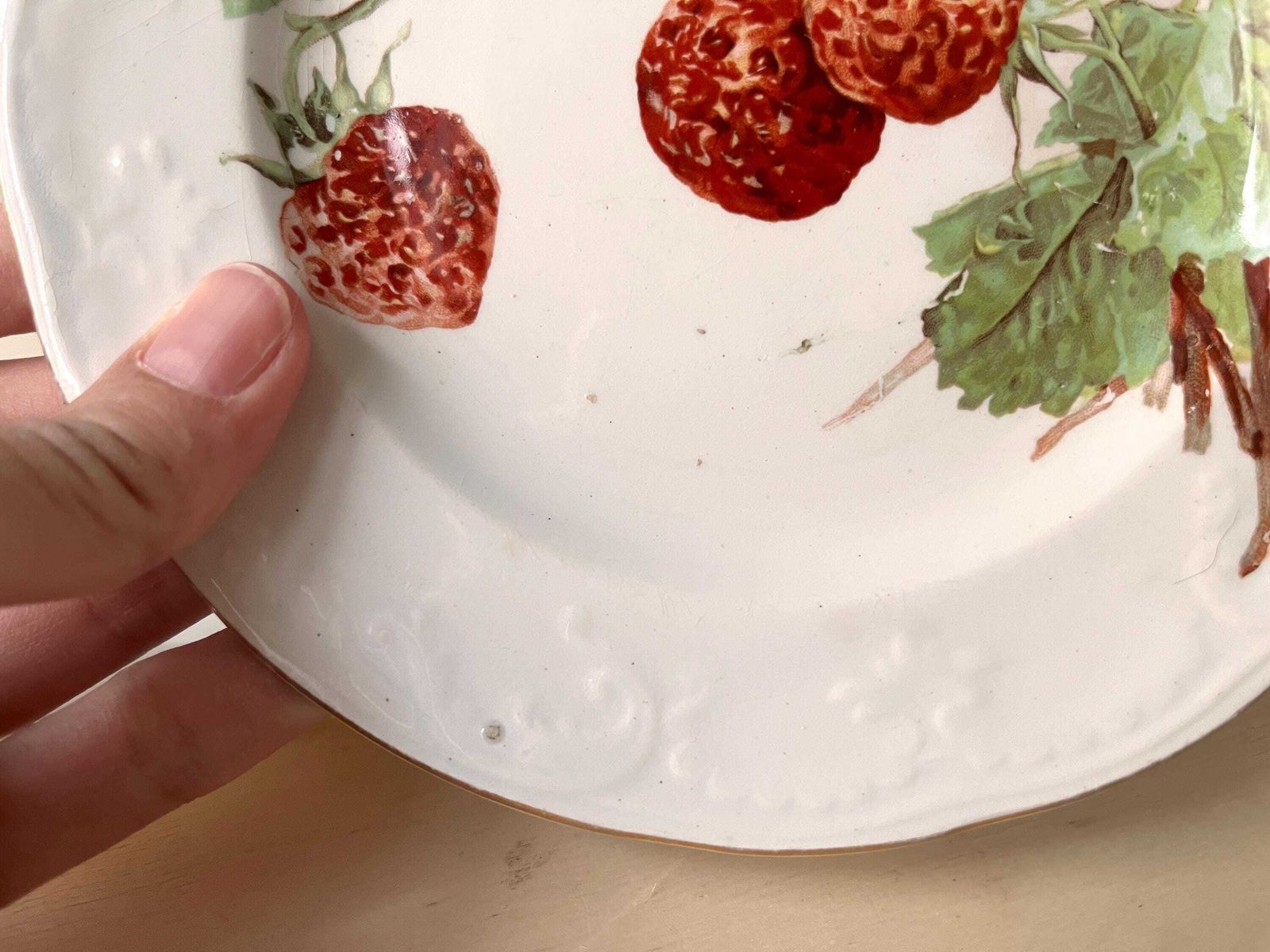 Home Decor Antique French Strawberries Dessert Plates, Saint Amand Hamage Tableware In Ironstone Circa 1900's photo