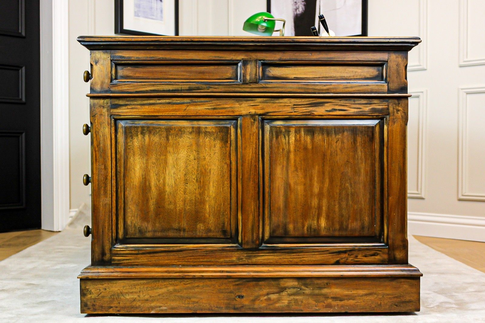 Furniture Large Antique Solid Mahogany Twin Pedestal Partners Leather Top Writing Desk photo