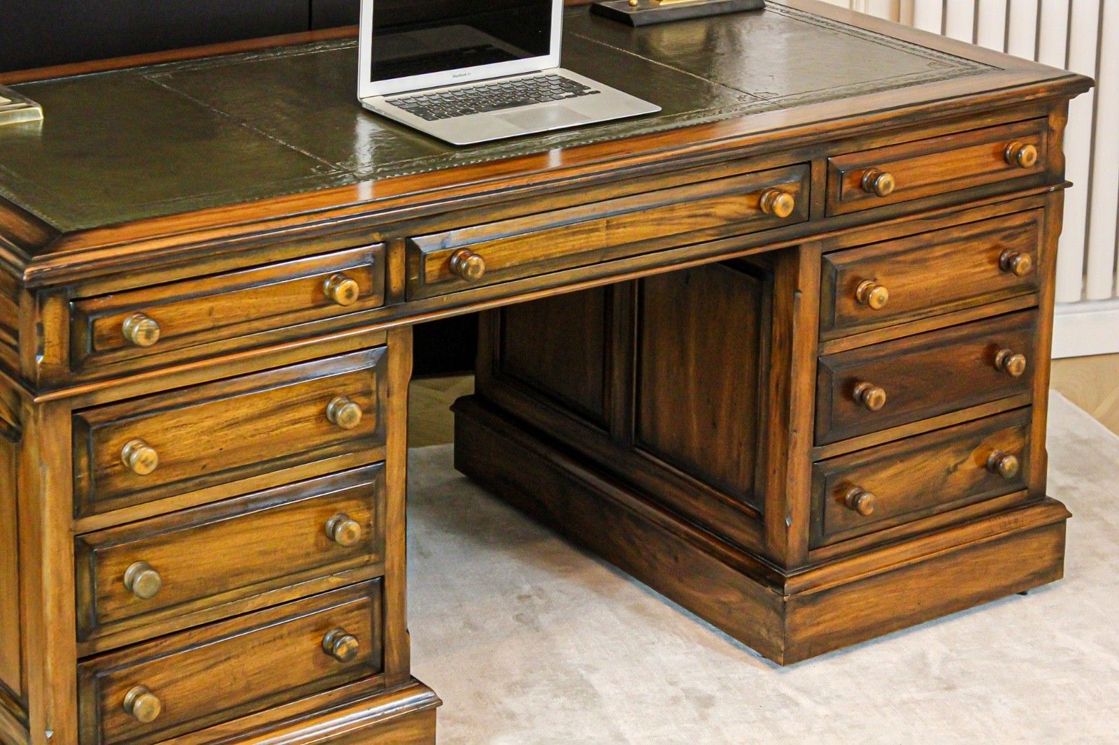 photo vinterior Large Antique Solid Mahogany Twin Pedestal Partners Leather Top Writing Desk