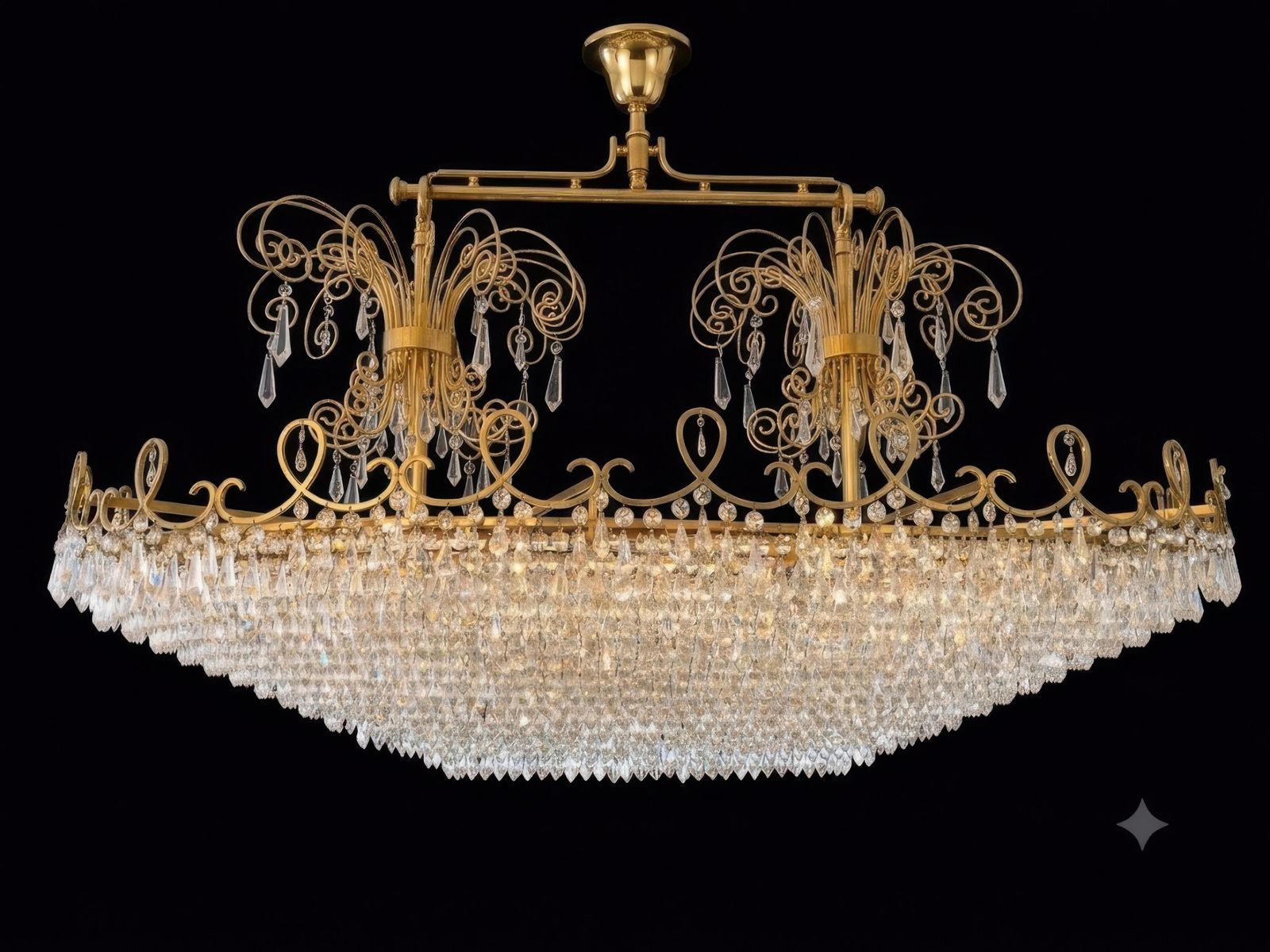 Monumental Italian Oval Crystal Chandelier With Ornate Brass Frame Circa 1970 photo for sale