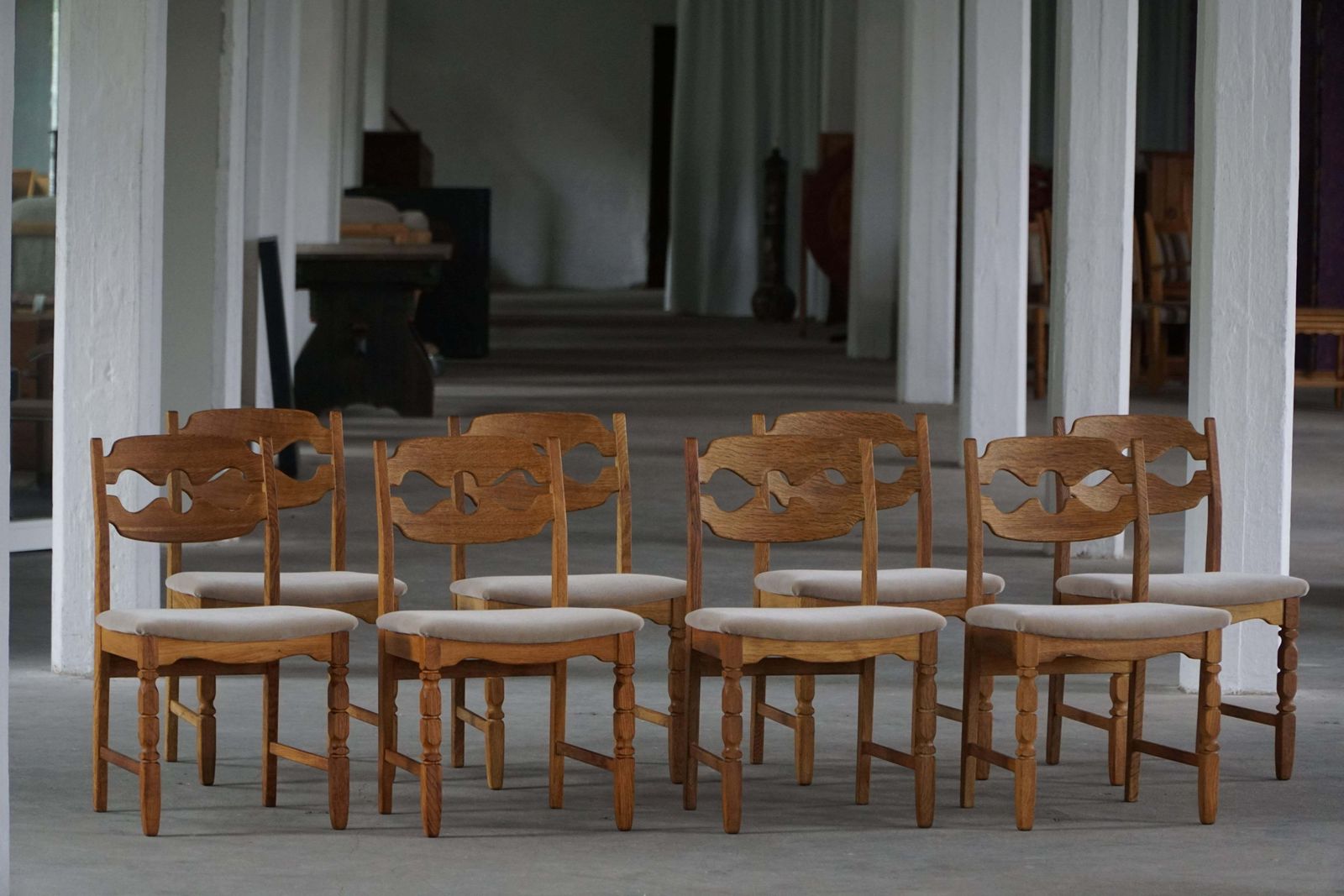 photo buy Set Of 8 Henning Kjærnulf Razorblade Dining Chairs In Oak And Mohair 1960s
