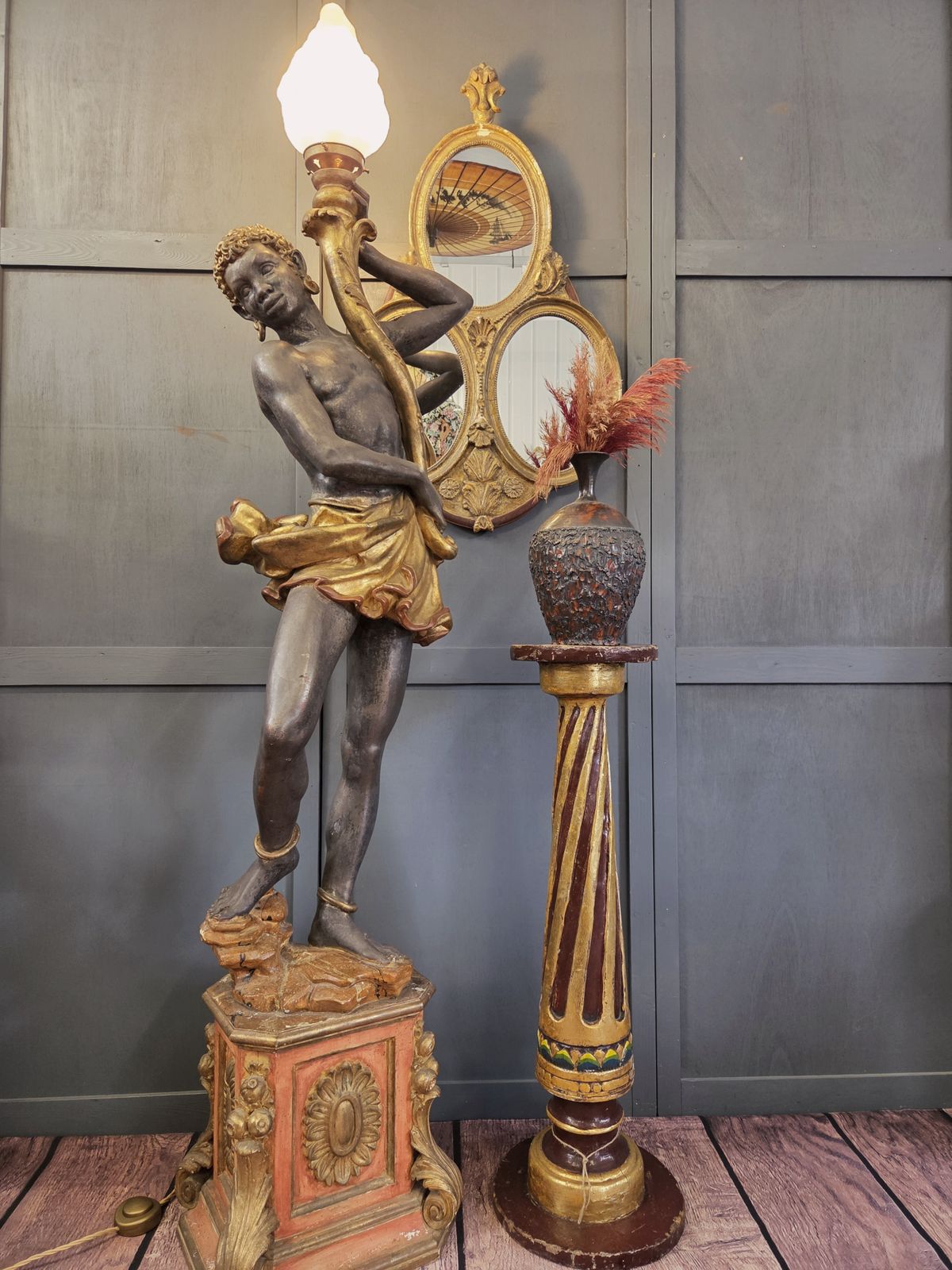 Early 20th Century Venetian Revival Figure Torchère Lamp, Polychrome & Parcel Gilt